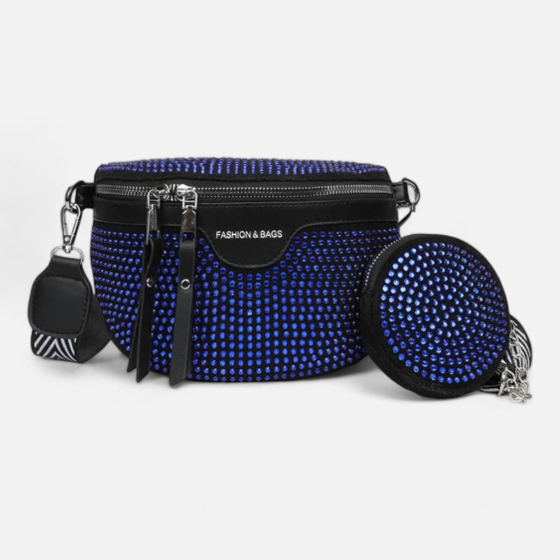 Sac banane cuir noir à bandoulière et porte-monnaie avec strass Léontine