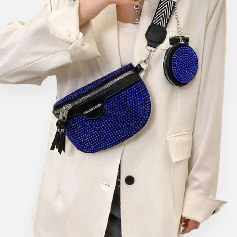 Sac banane cuir noir à bandoulière et porte-monnaie avec strass Léontine