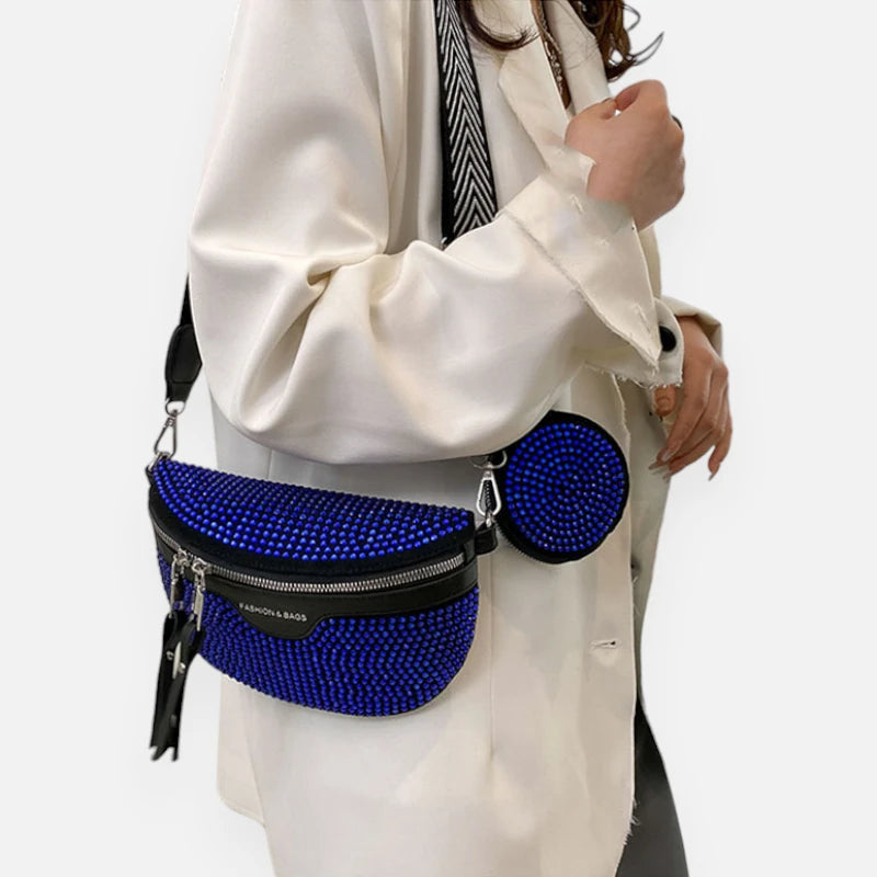 Sac banane cuir noir à bandoulière et porte-monnaie avec strass Léontine