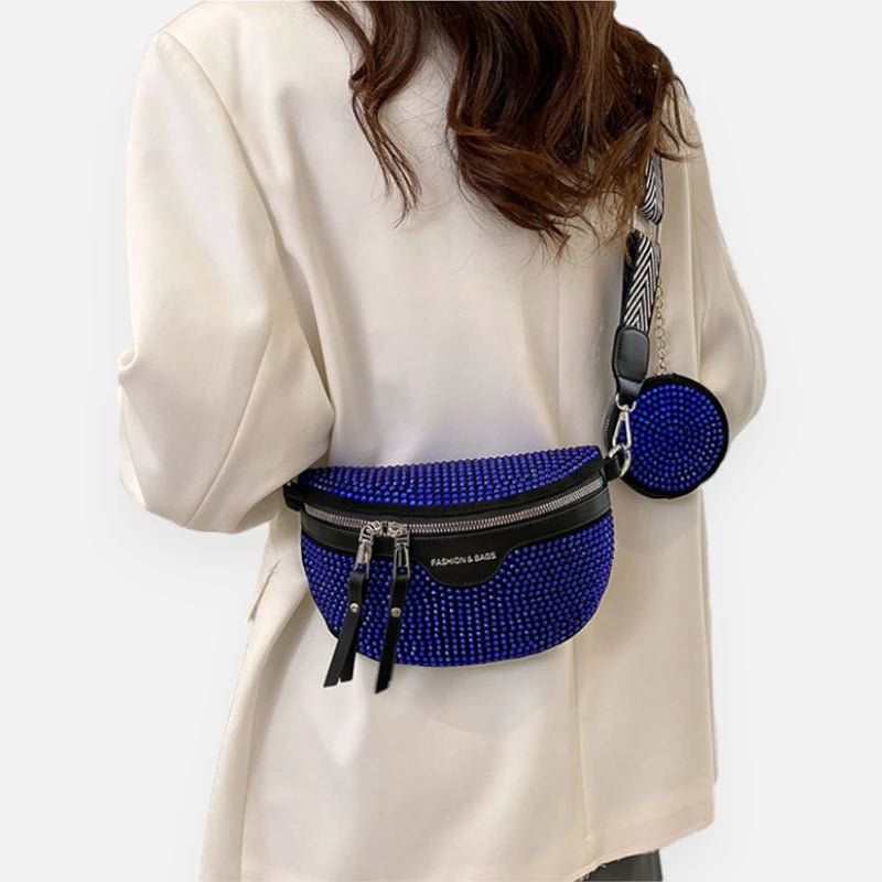 Sac banane cuir noir à bandoulière et porte-monnaie avec strass Léontine