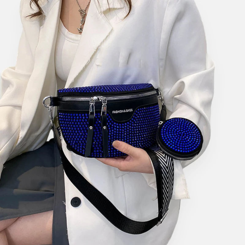 Sac banane cuir noir à bandoulière et porte-monnaie avec strass Léontine