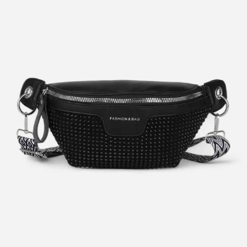 Sac banane cuir noir à bandoulière avec strass Elina