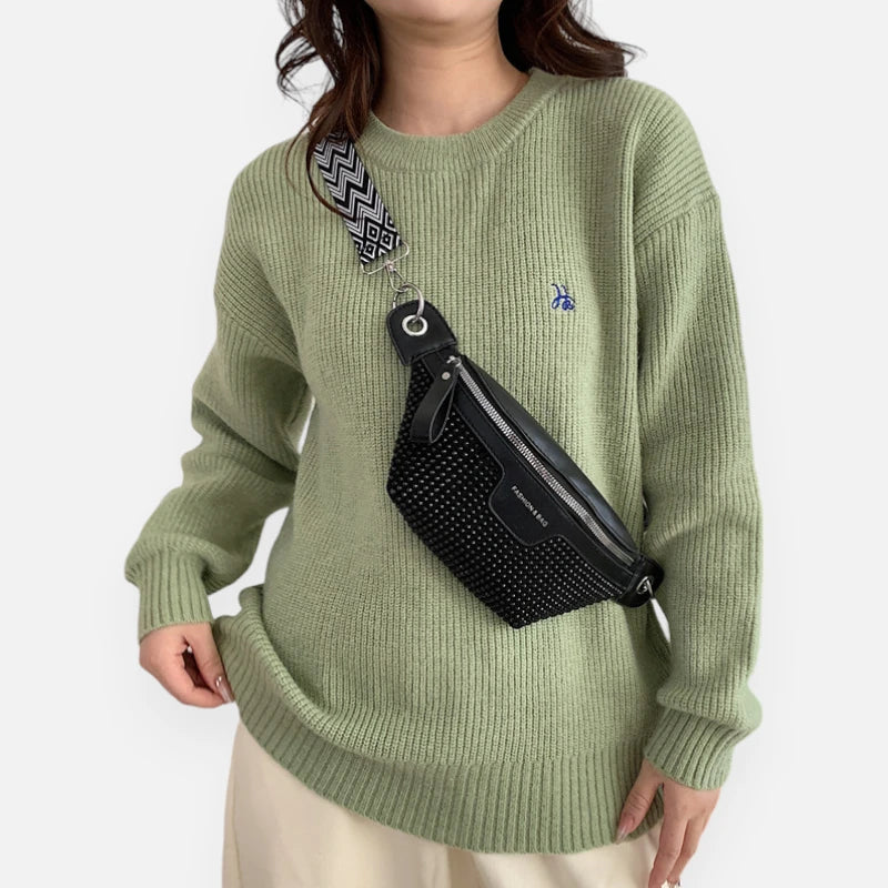 Sac banane cuir noir à bandoulière avec strass Elina