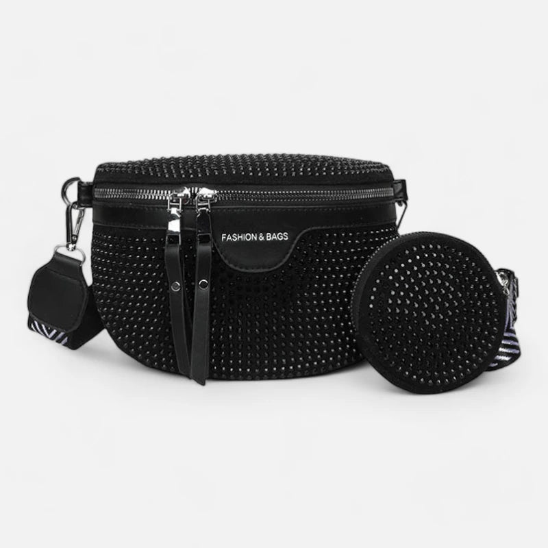 Sac banane cuir noir à bandoulière et porte-monnaie avec strass Léontine