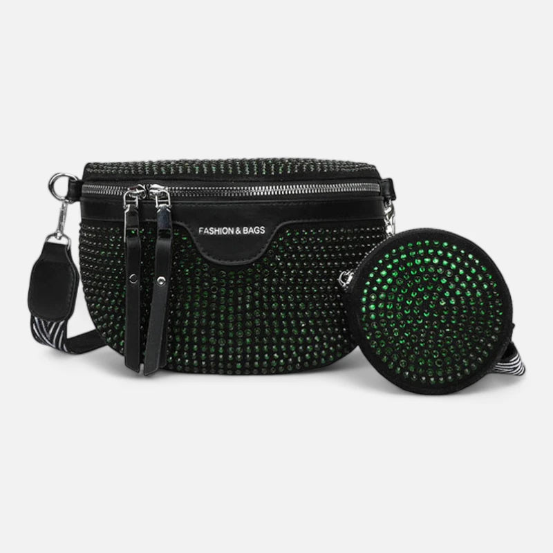 Sac banane cuir noir à bandoulière et porte-monnaie avec strass Léontine