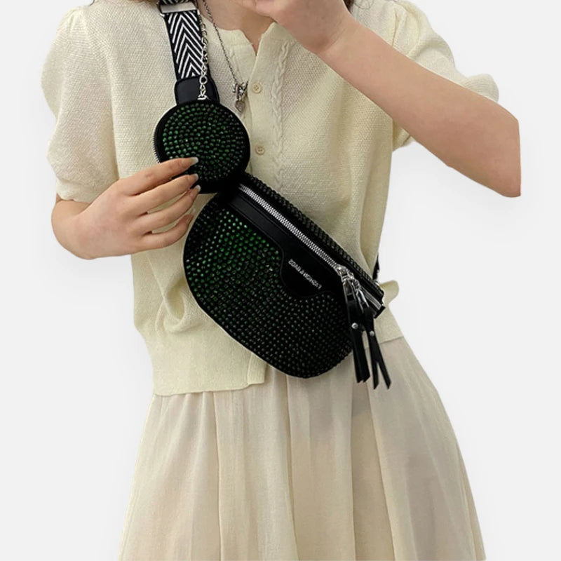 Sac banane cuir noir à bandoulière et porte-monnaie avec strass Léontine