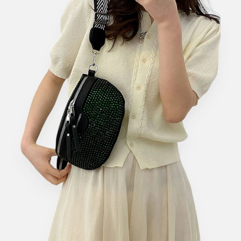 Sac banane cuir noir à bandoulière et porte-monnaie avec strass Léontine