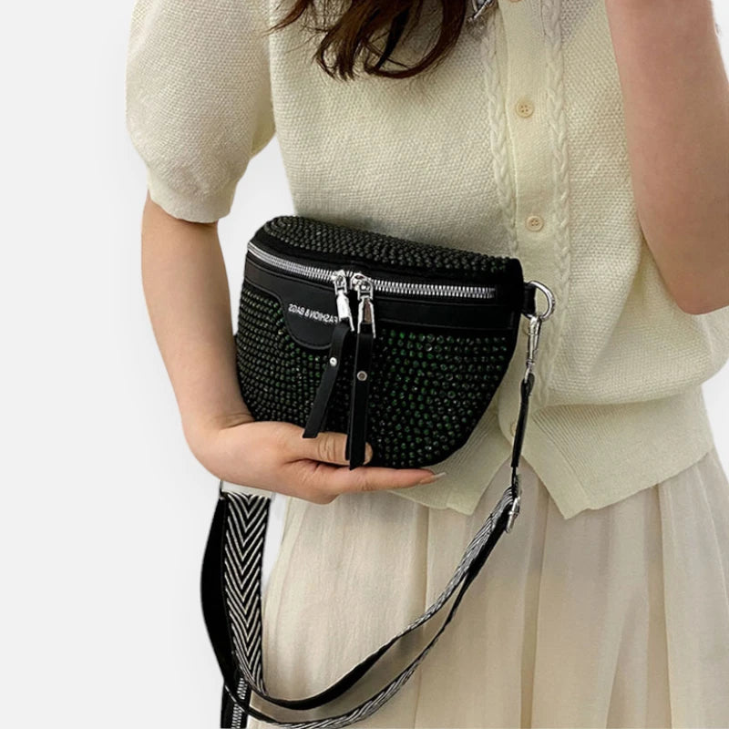 Sac banane cuir noir à bandoulière et porte-monnaie avec strass Léontine