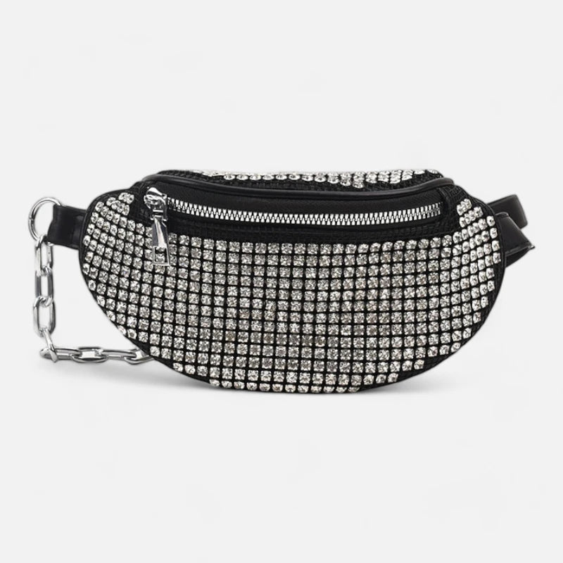 Sac banane cuir noir à bandoulière avec strass Inès