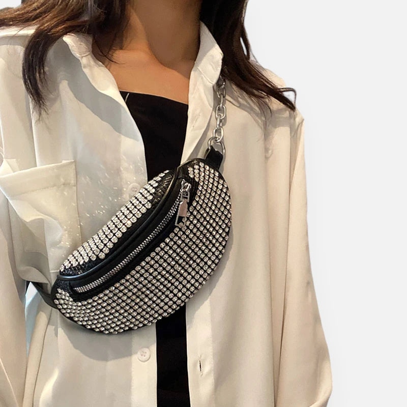 Sac banane cuir noir à bandoulière avec strass Inès