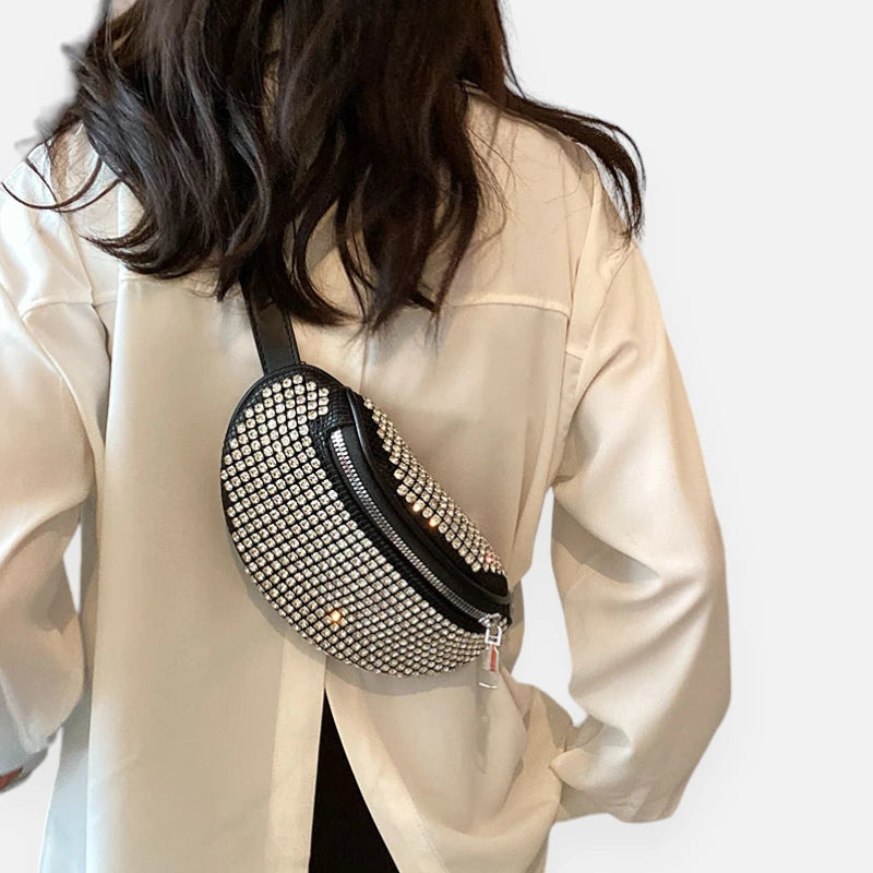 Sac banane cuir noir à bandoulière avec strass Inès