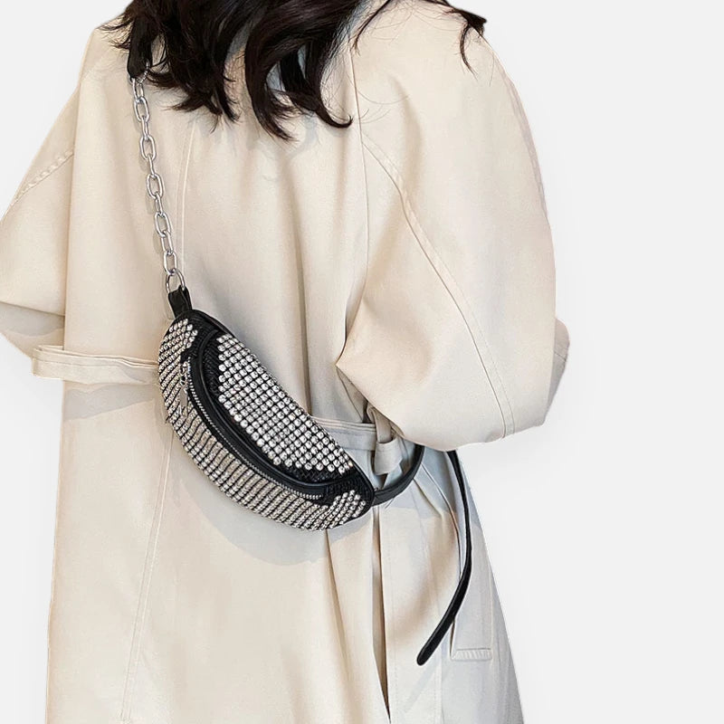 Sac banane cuir noir à bandoulière avec strass Inès