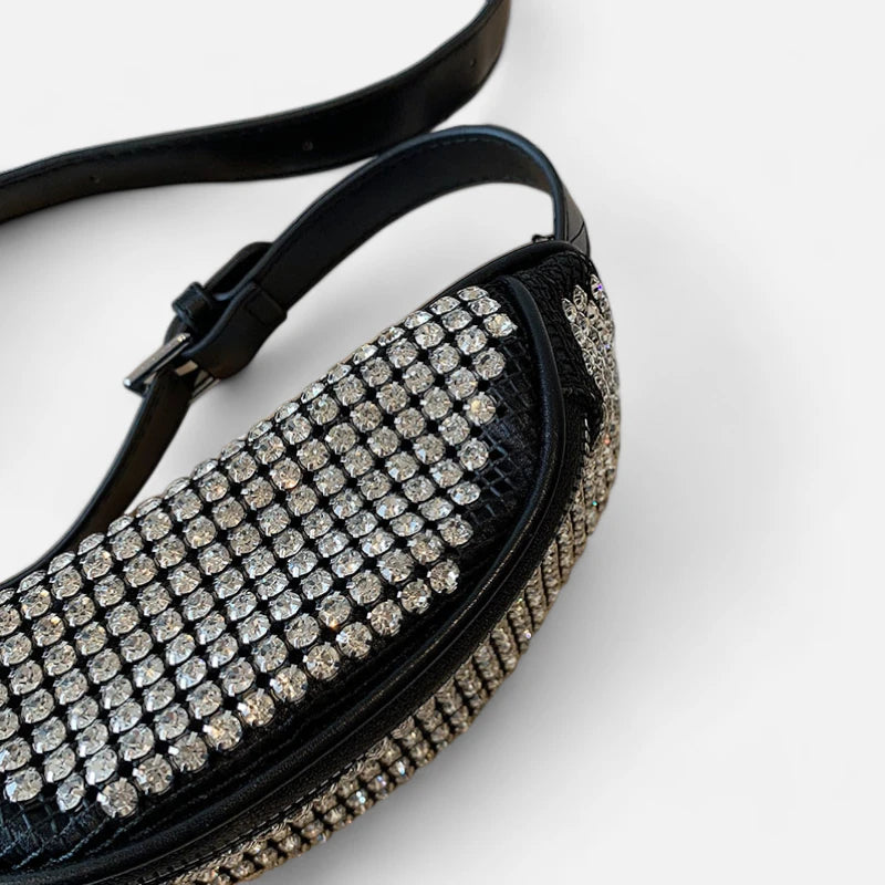 Sac banane cuir noir à bandoulière avec strass Inès