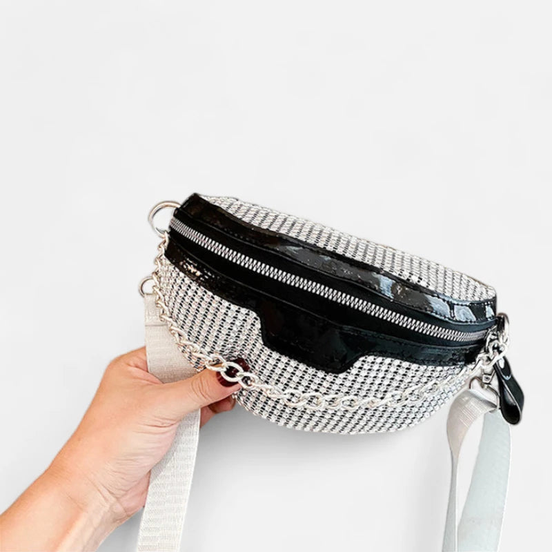 Sac banane cuir à bandoulière avec strass et chaîne argenté Naomi