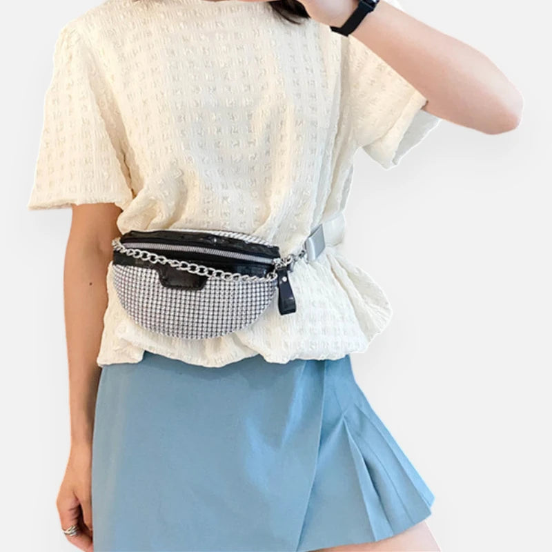 Sac banane cuir à bandoulière avec strass et chaîne argenté Naomi