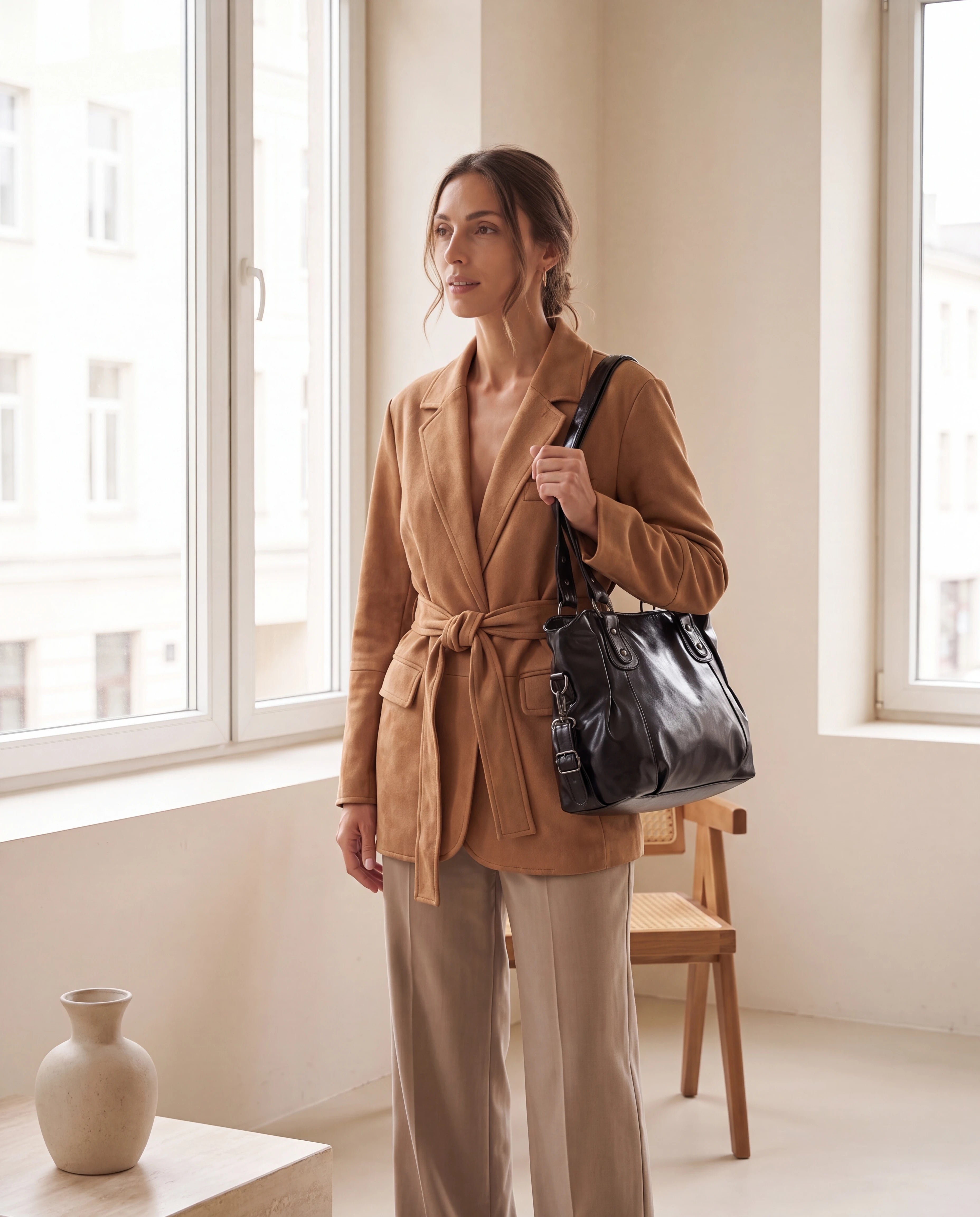 Silhouette complète Zolena — veste camel ceinturée et sac à main noir