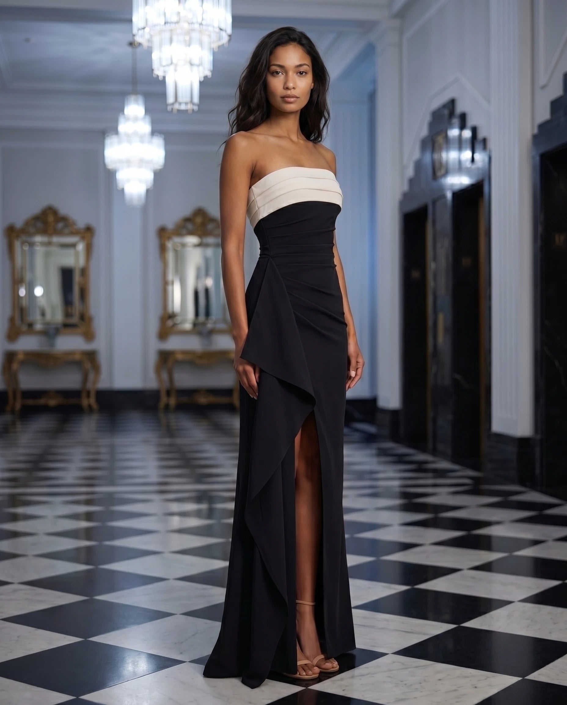 Robe longue bustier noir et blanc