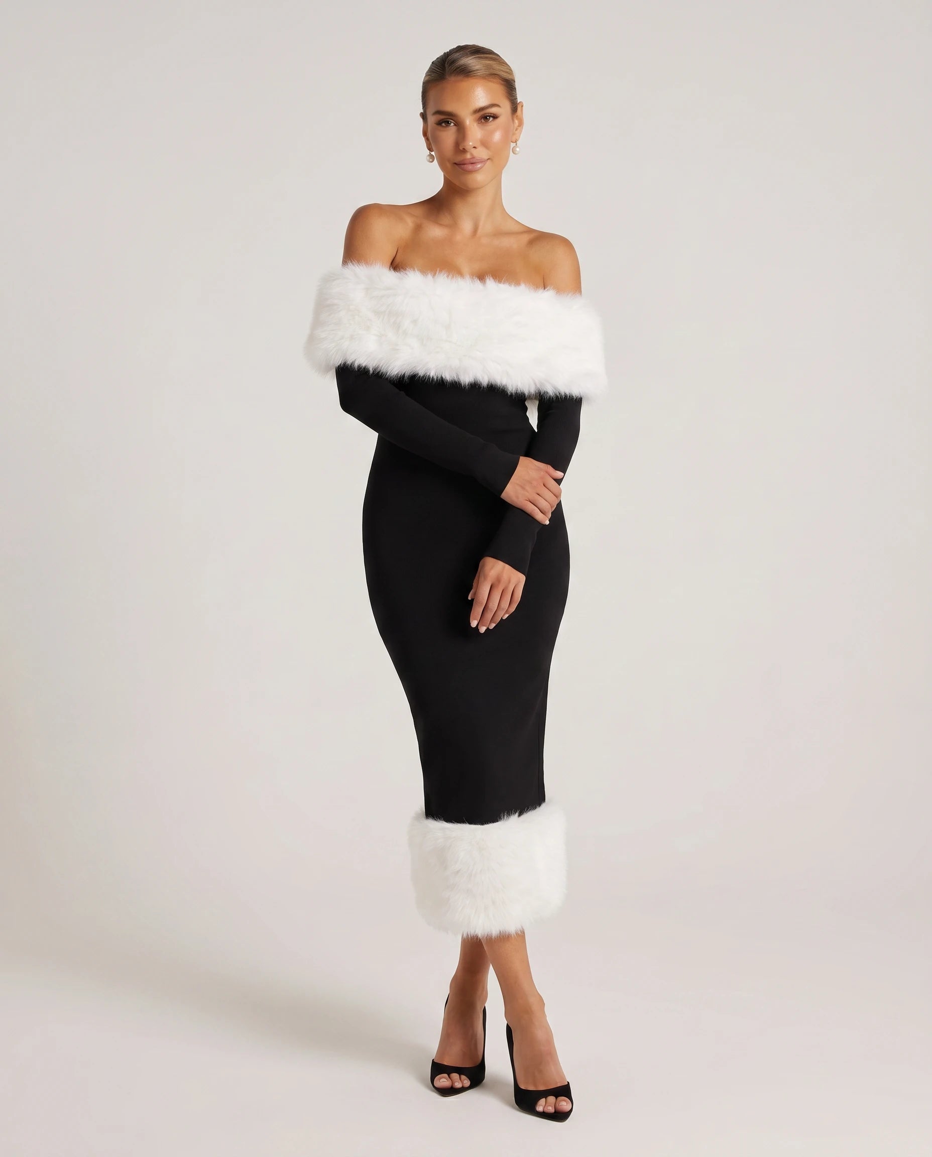 Aurore - Robe midi bardot à bordure fausse fourrure — Aurore