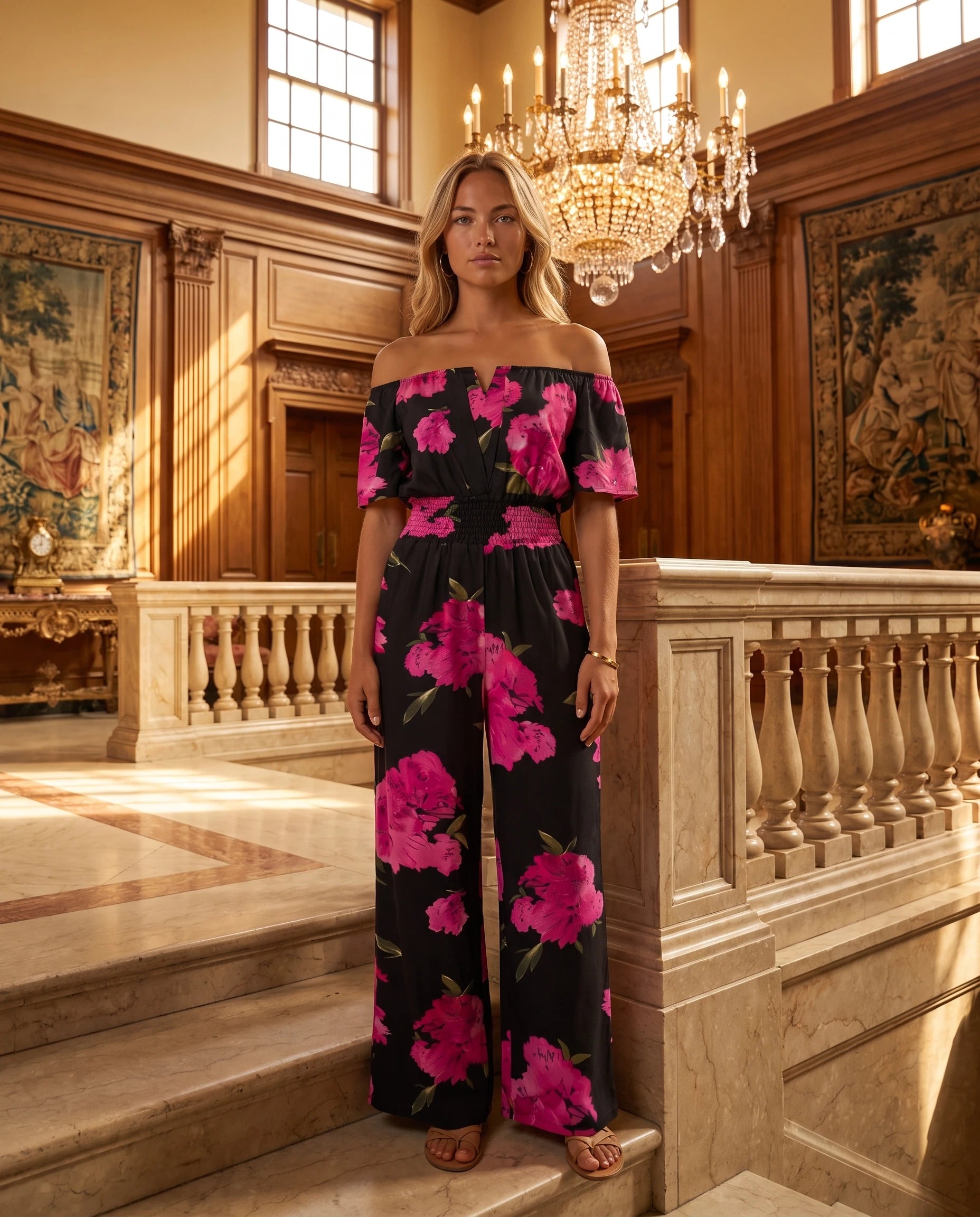 Combinaison bardot Pivoine Noir à fleurs roses, portee en situation