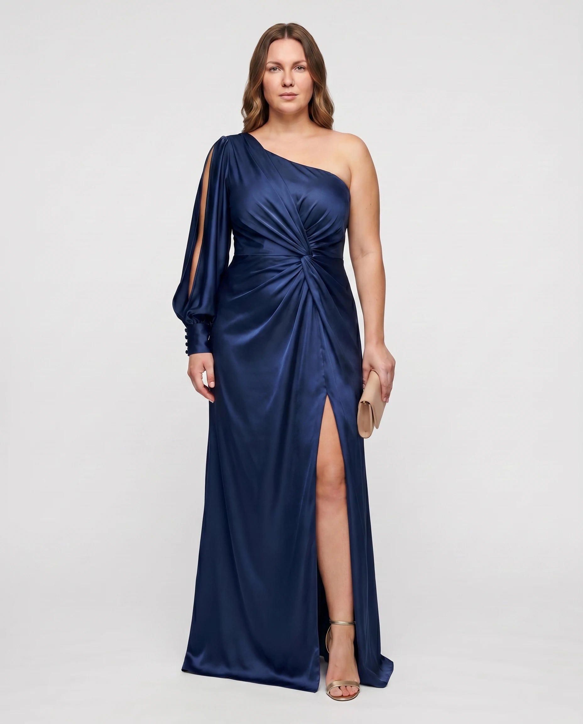 Robe longue asymetrique satin Bleu Marine Beatrice studio