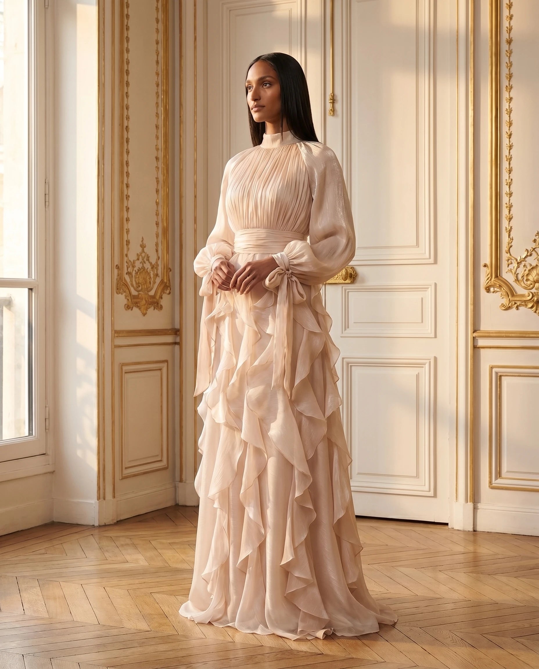Robe de soiree longue a volants beige champagne salon haussmannien