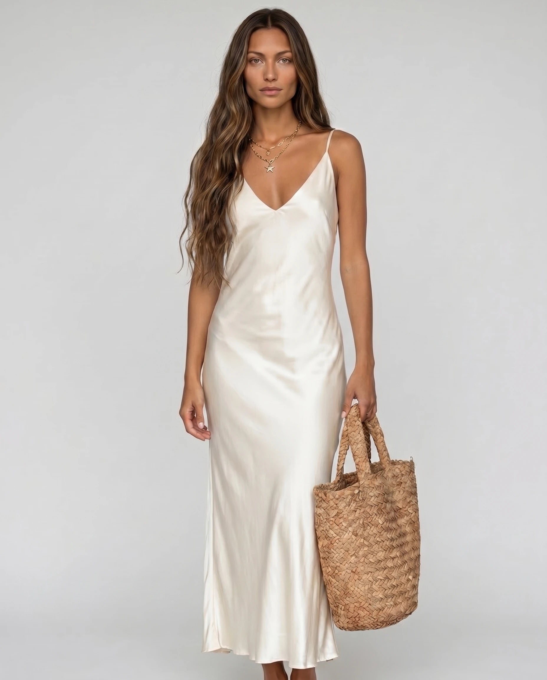 Robe nuisette en satin blanc portée seule — Eugénie