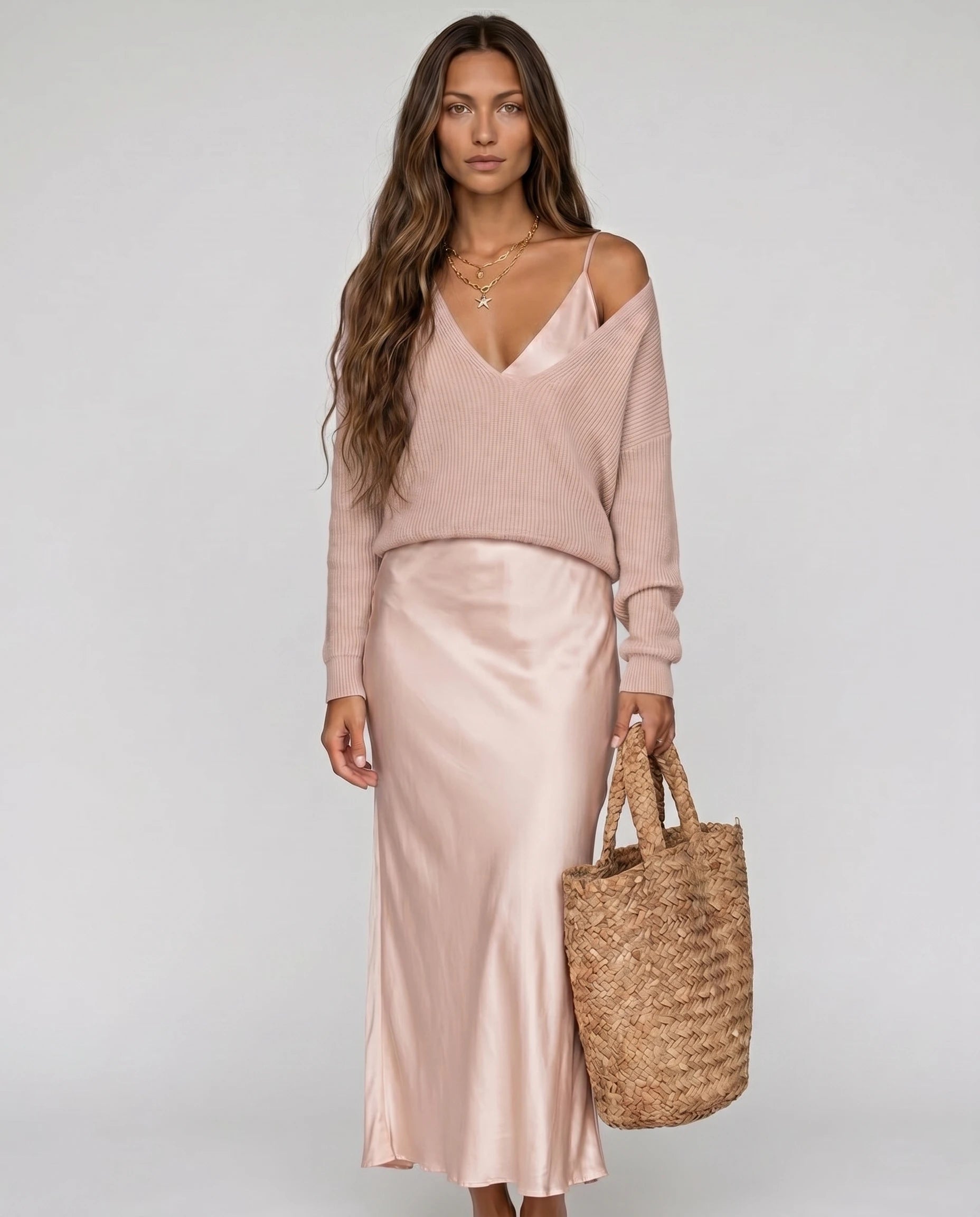 Robe longue satin rose poudré et pull en maille — Eugénie