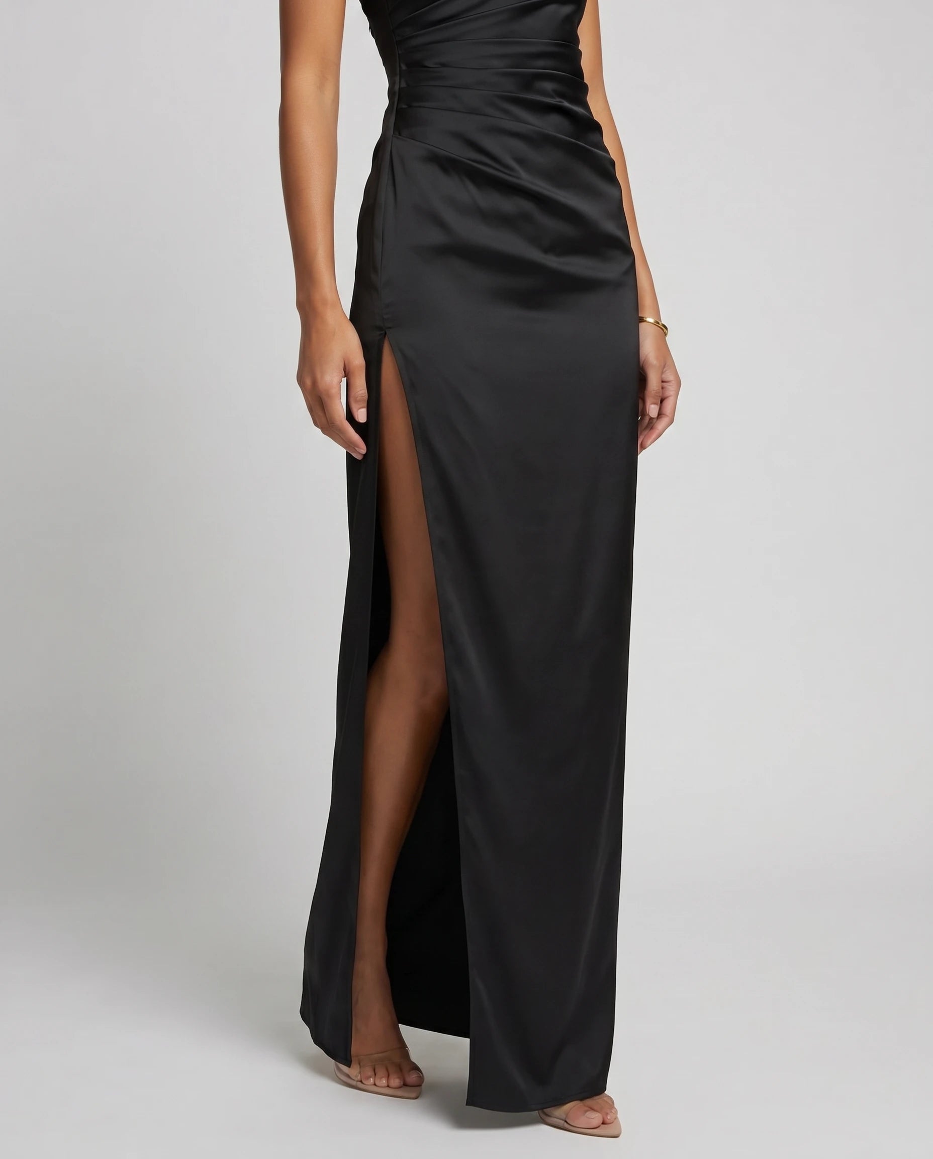 Robe longue en satin une epaule - Noir - Ines