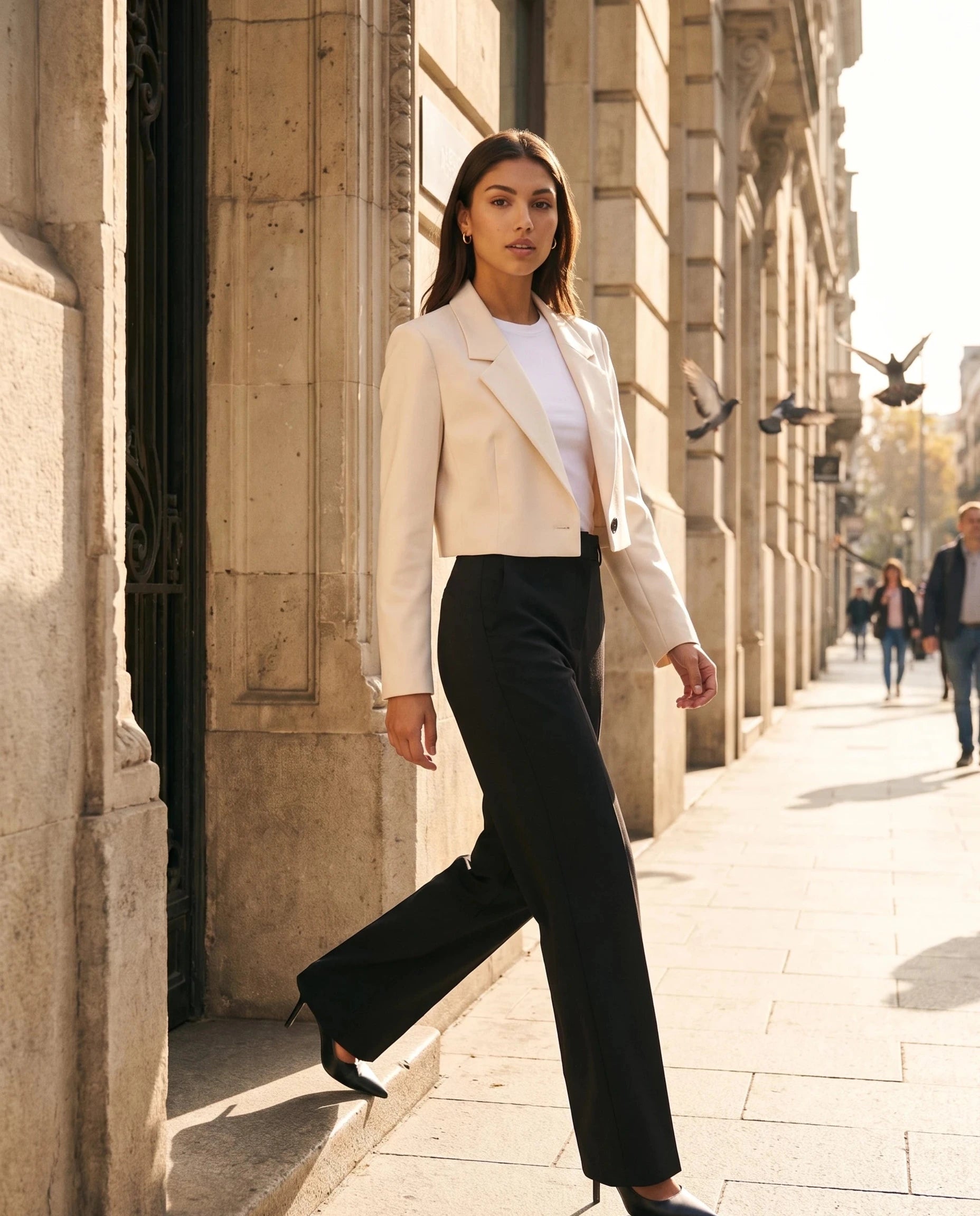 Blazer court beige Aude, porté devant un immeuble en pierre calcaire au soleil
