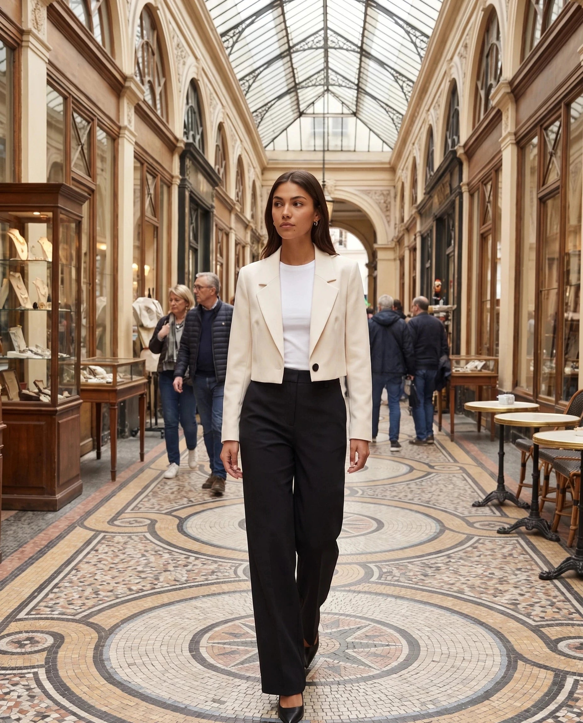 Blazer court beige Aude, porté dans un passage couvert parisien