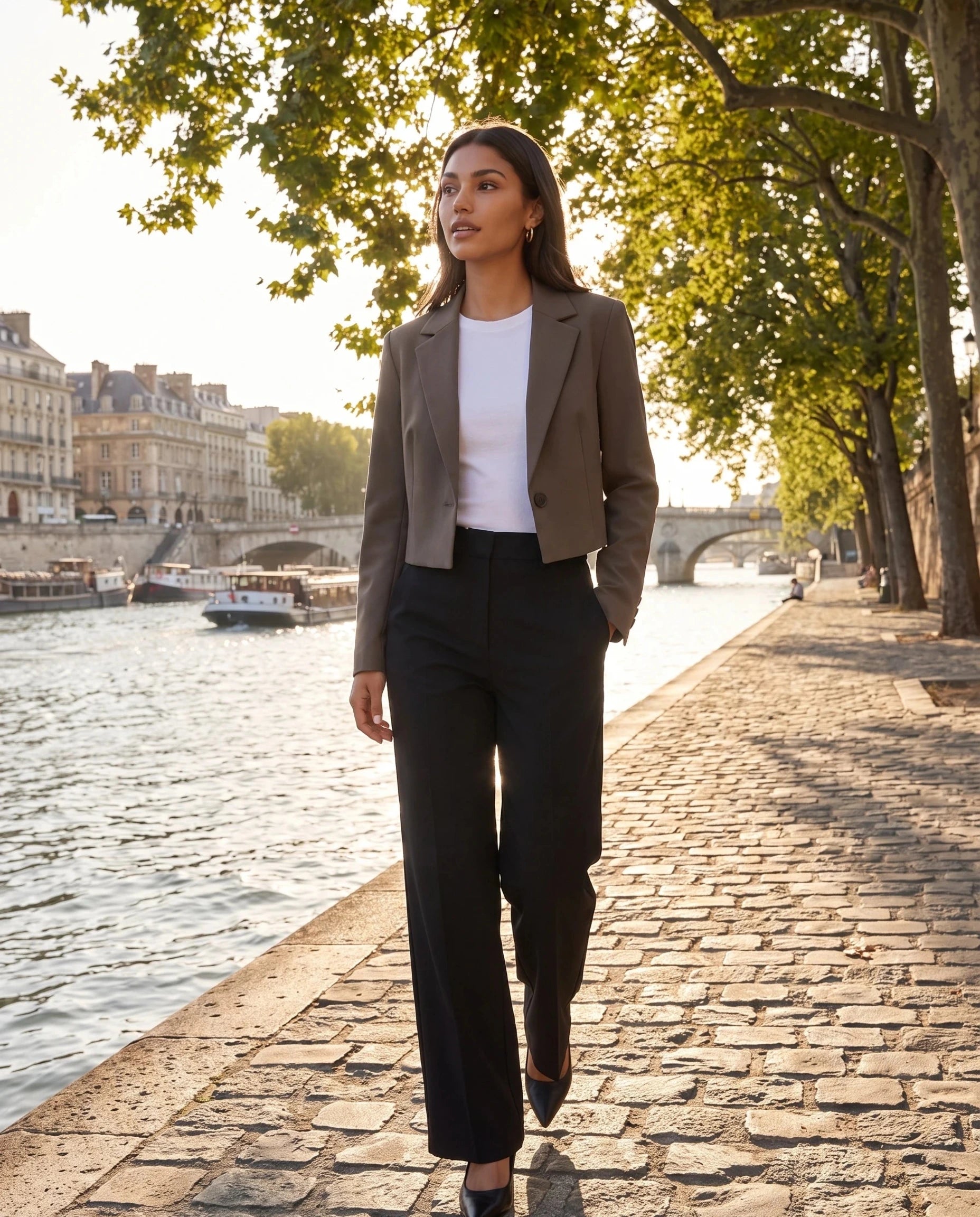 Blazer court café Aude, porté sur un quai de Seine en fin d'après-midi
