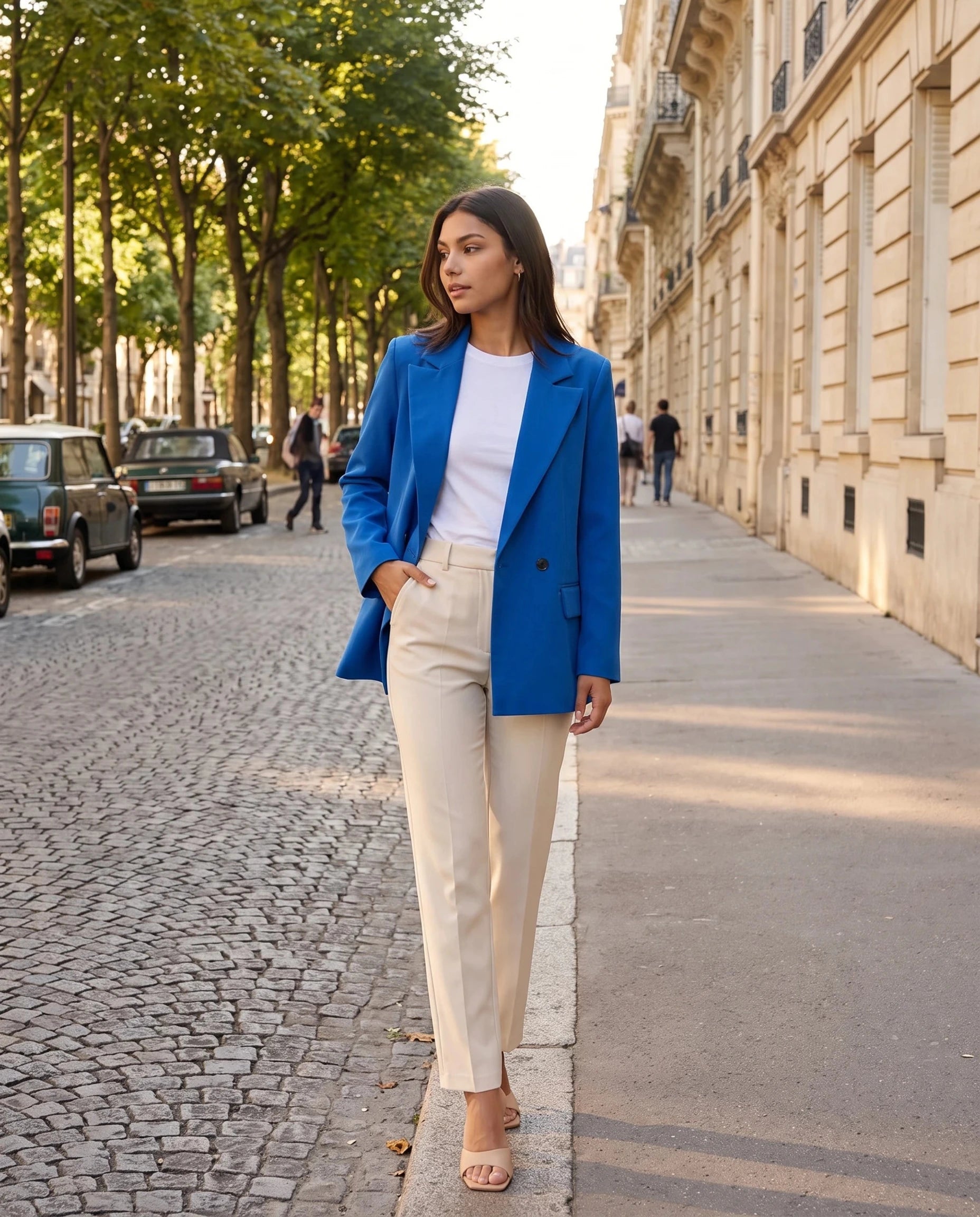 Blazer bleu roi Cosima, porté dans une avenue aux façades de pierre claire