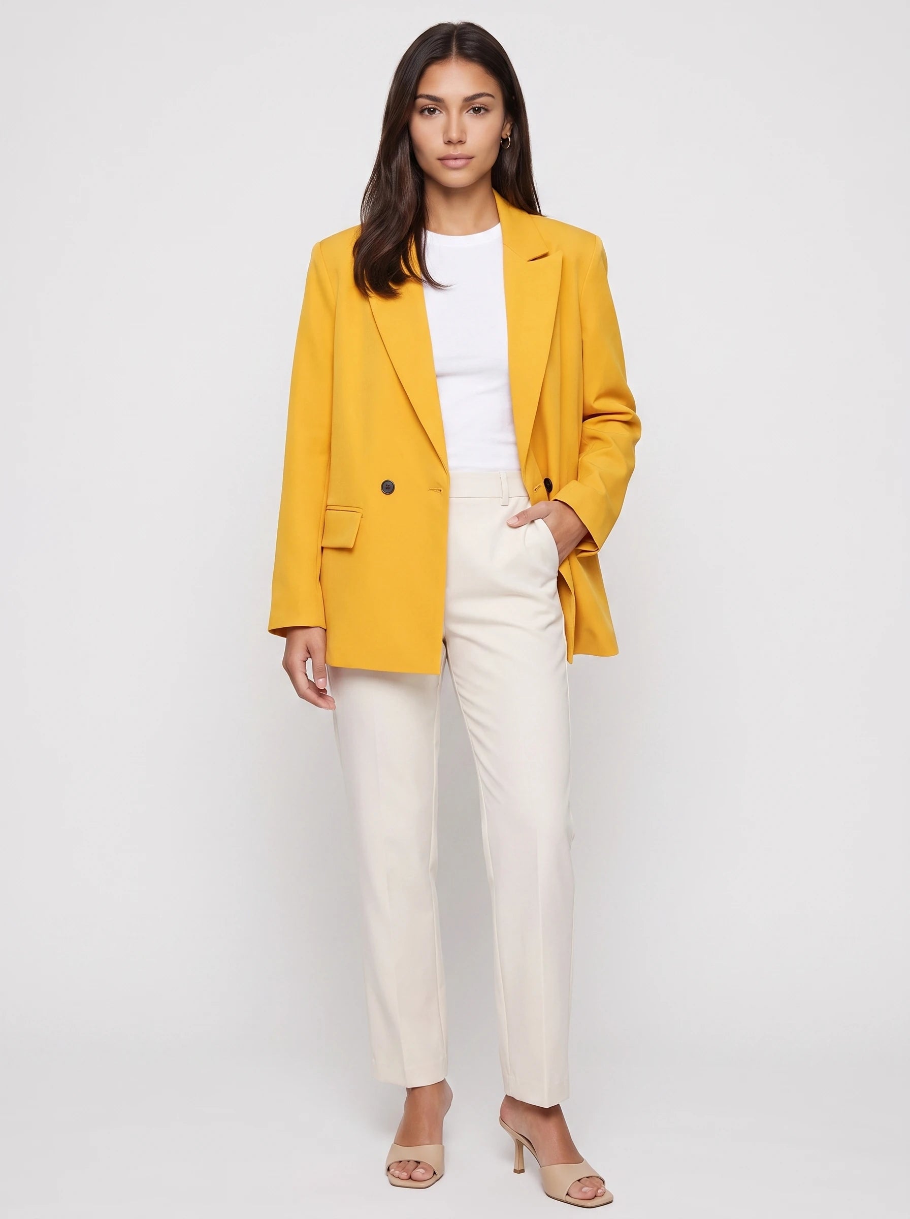 Blazer oversize à double boutonnage jaune safran Cosima, vue de face en studio