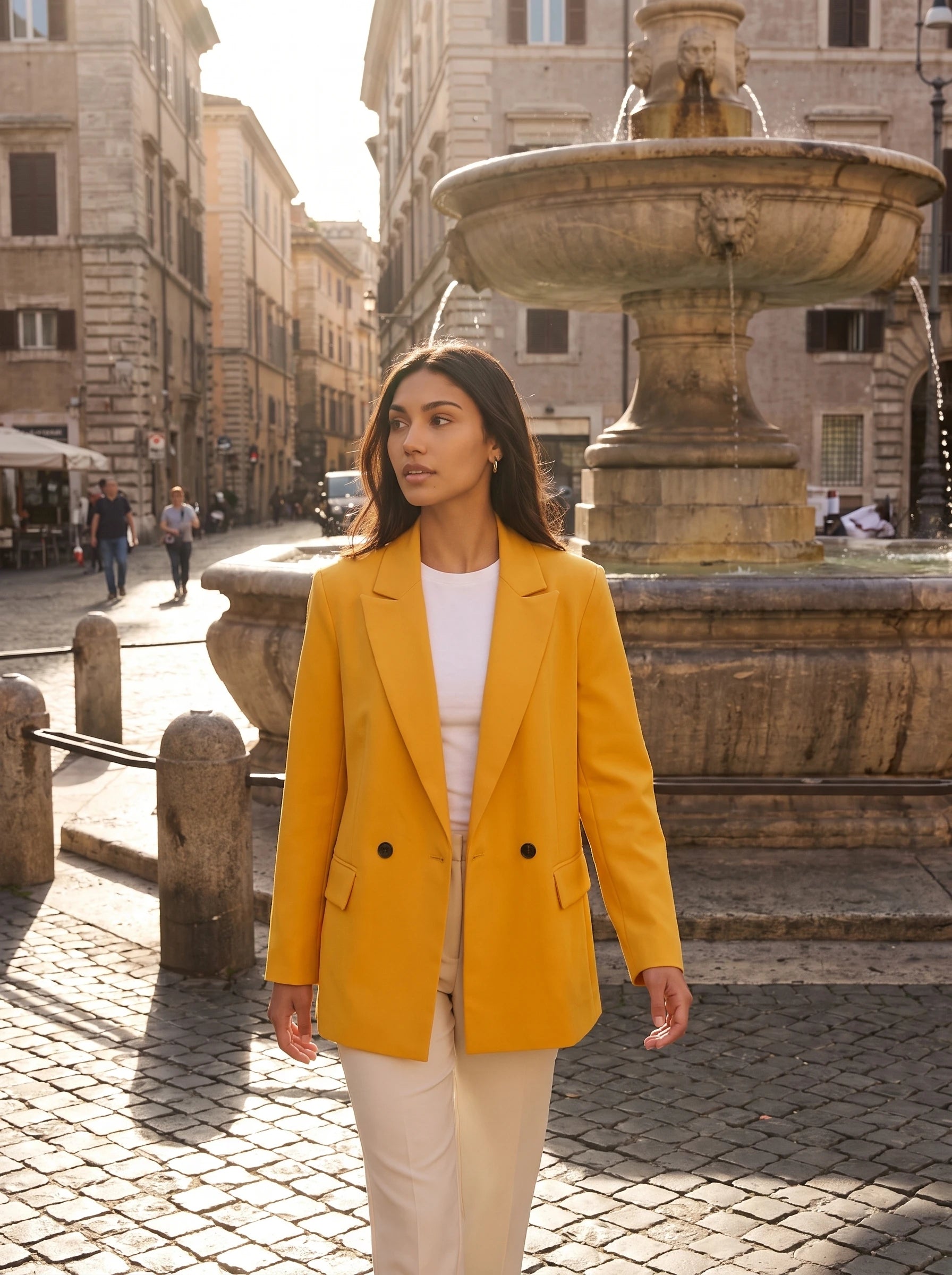 Blazer jaune safran Cosima, porté sur une place ensoleillée à la fontaine de pierre