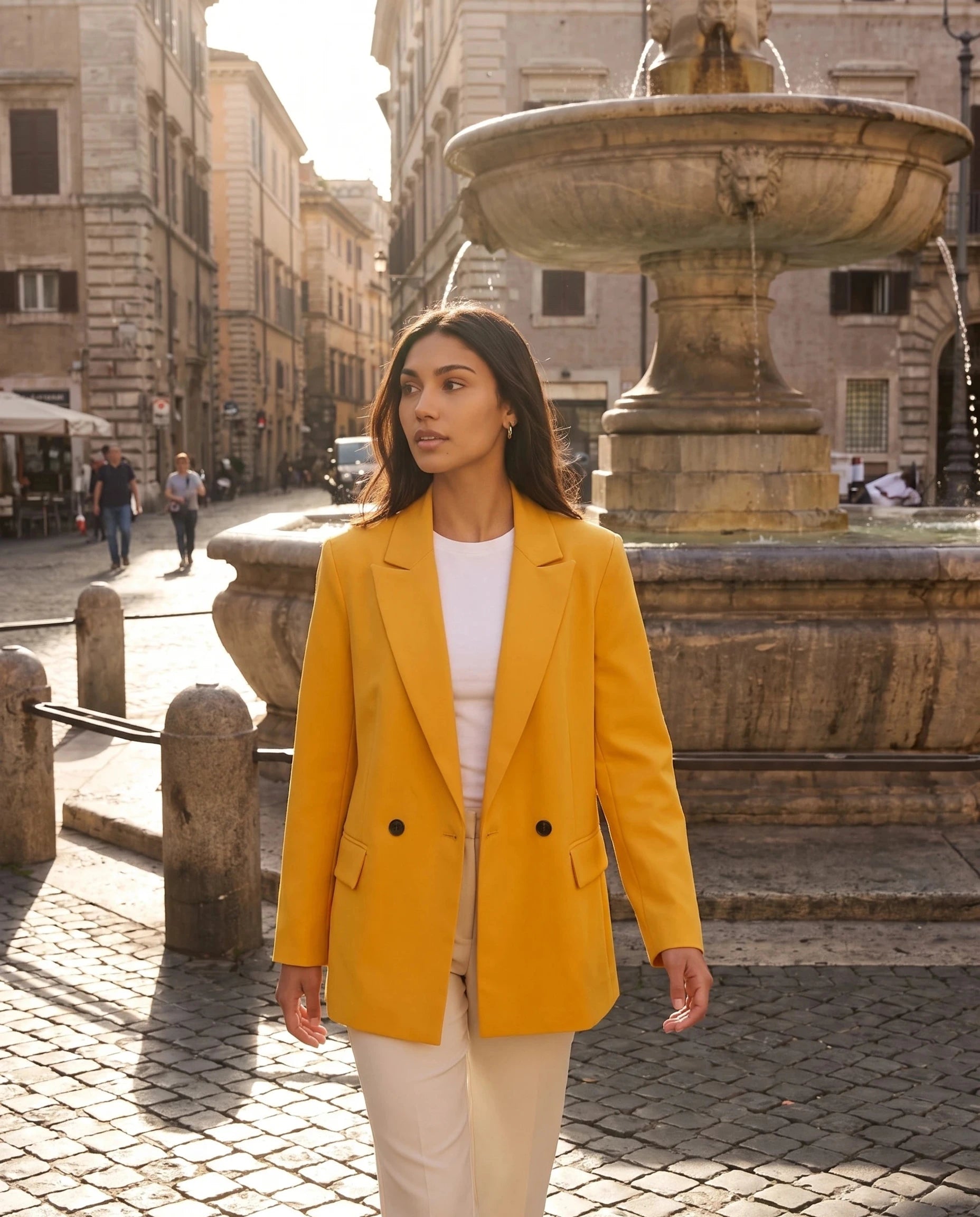 Blazer jaune safran Cosima, porté sur une place ensoleillée à la fontaine de pierre