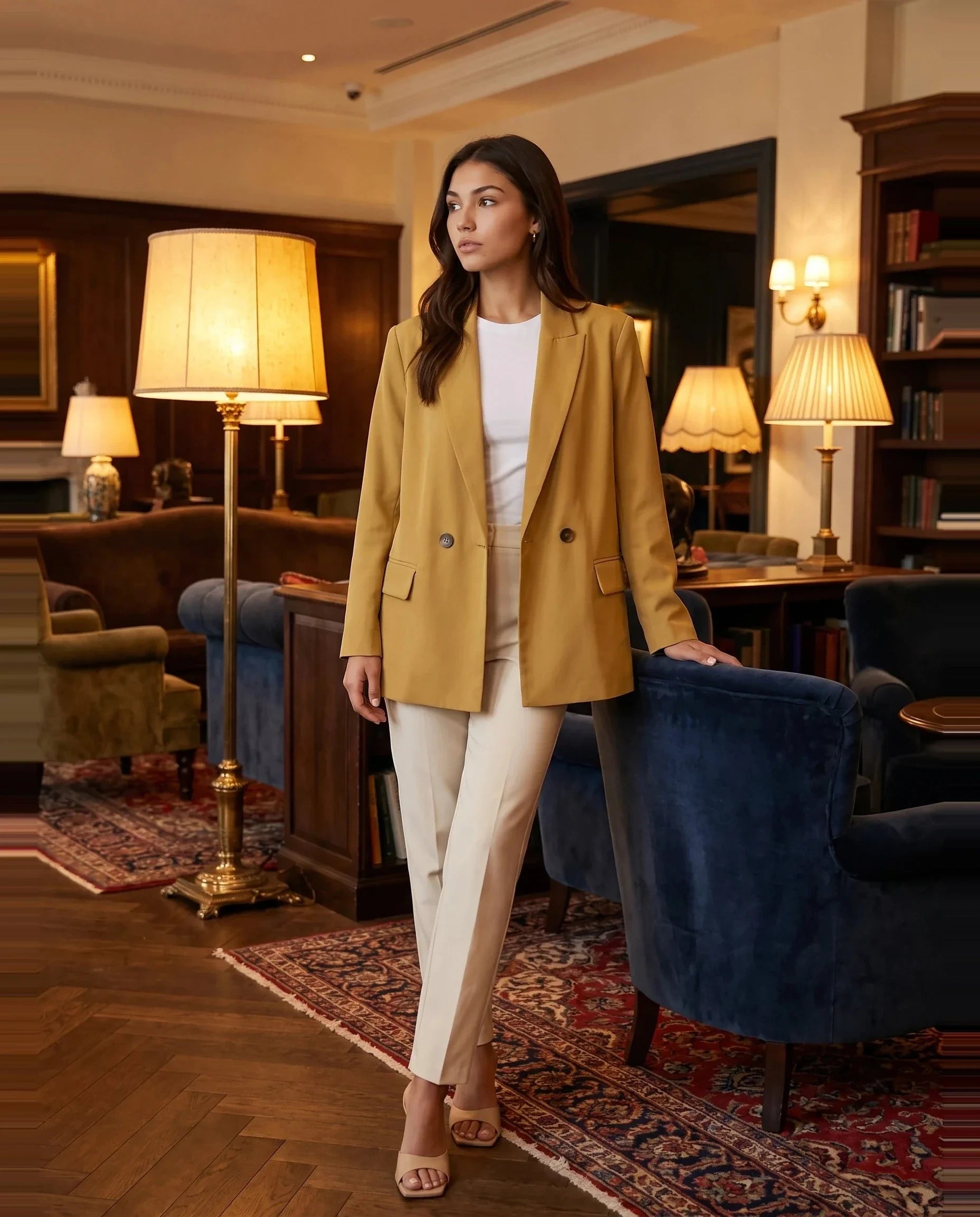 Blazer moutarde Cosima, porté dans un salon d'hôtel aux lampes chaudes