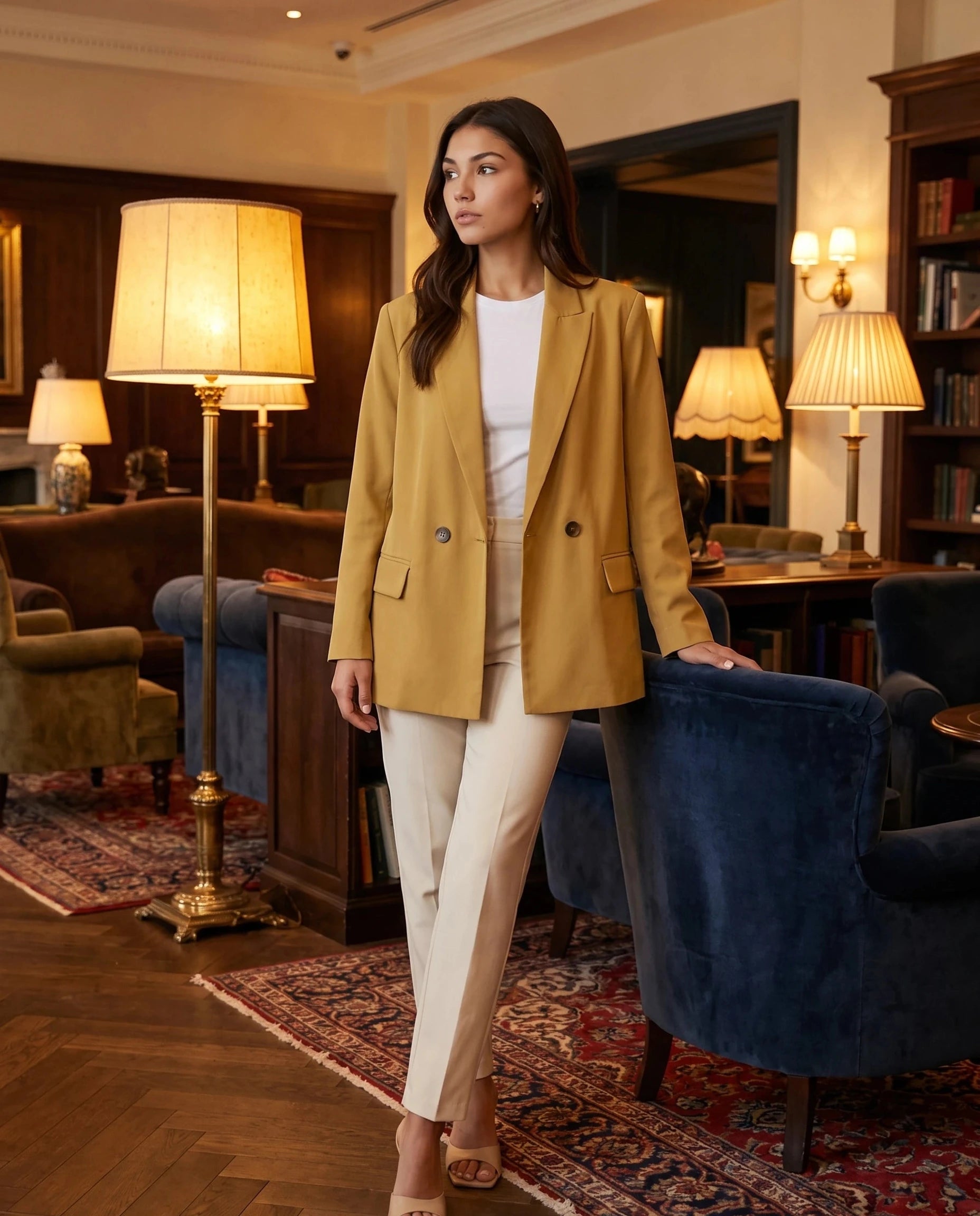 Blazer moutarde Cosima, porté dans un salon d'hôtel aux lampes chaudes