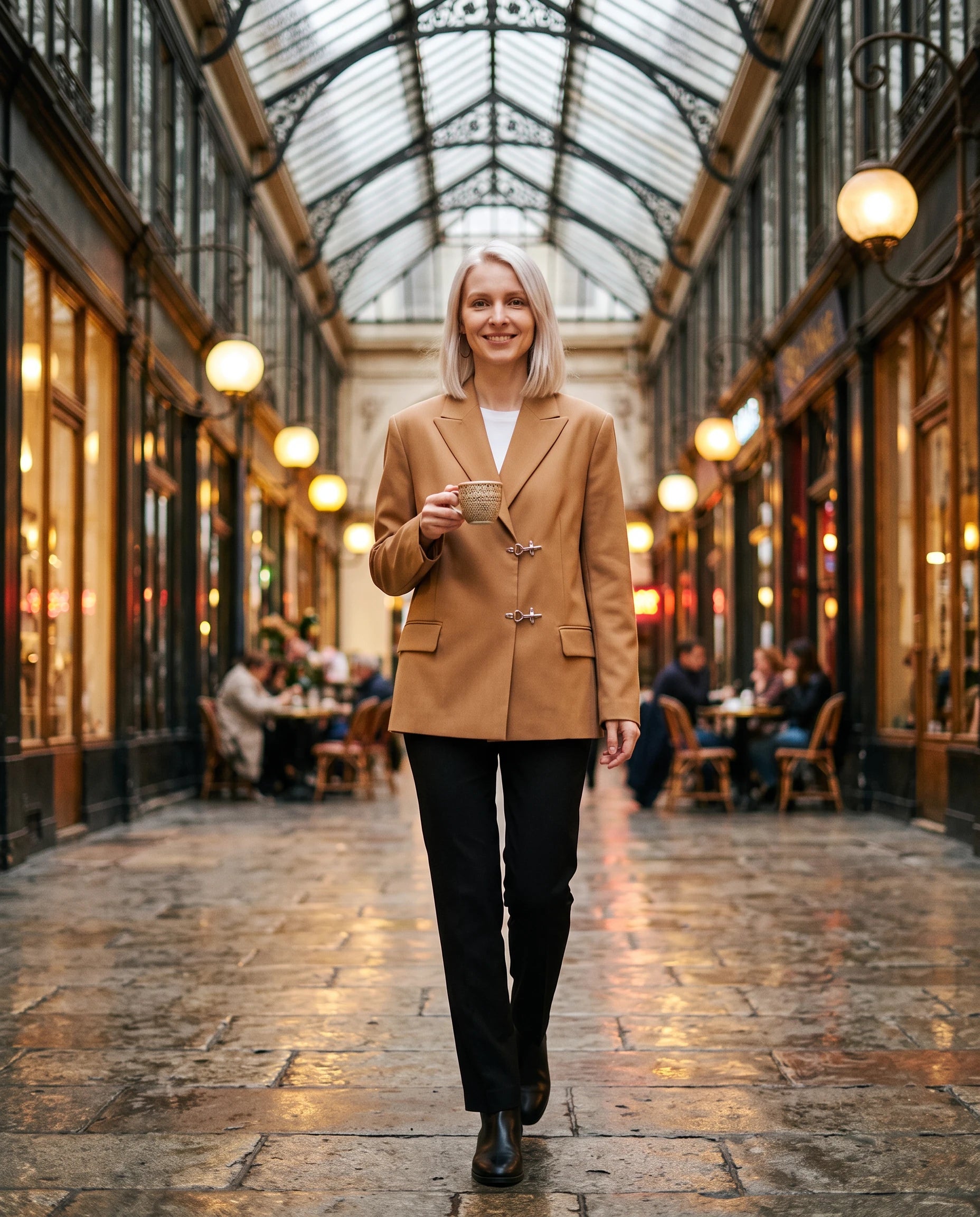 Blazer oversize camel Philippa, dans un passage couvert parisien
