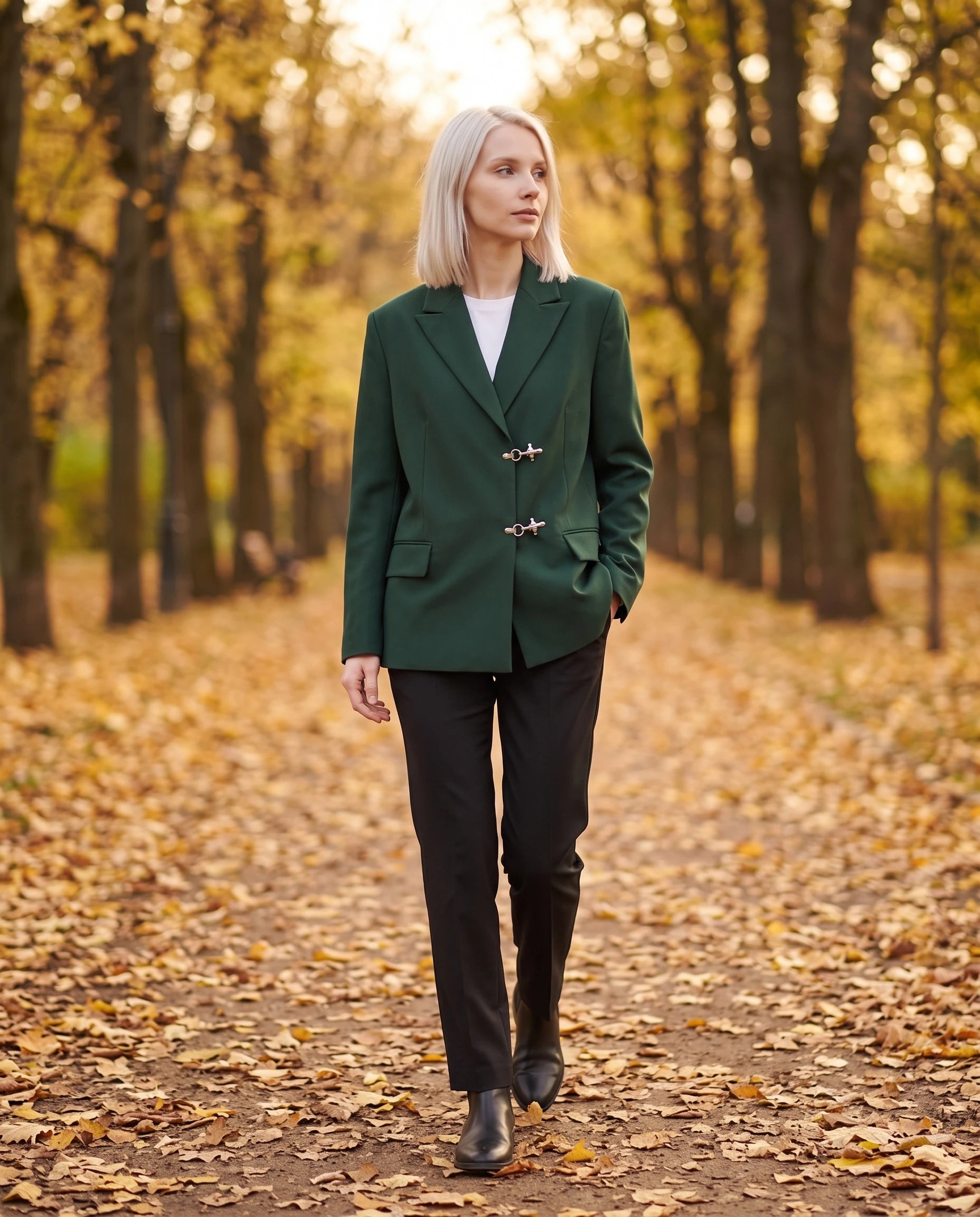 Blazer oversize vert forêt Philippa, allée de parc en automne