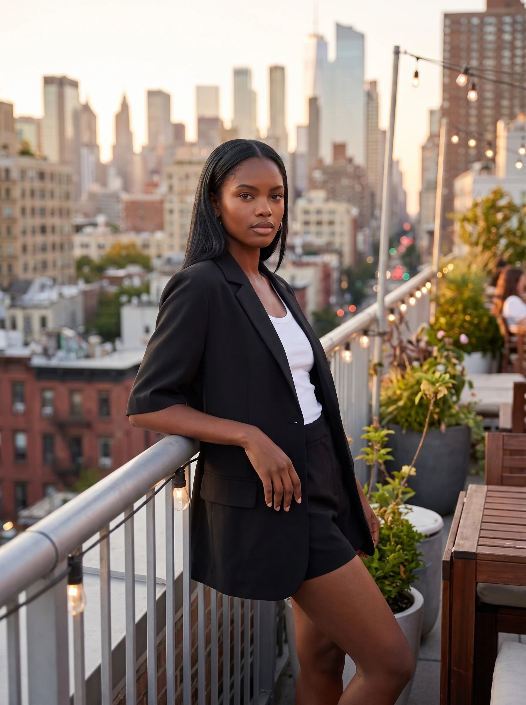 Blazer manches courtes noir Arlette, porté sur un rooftop à l'heure dorée