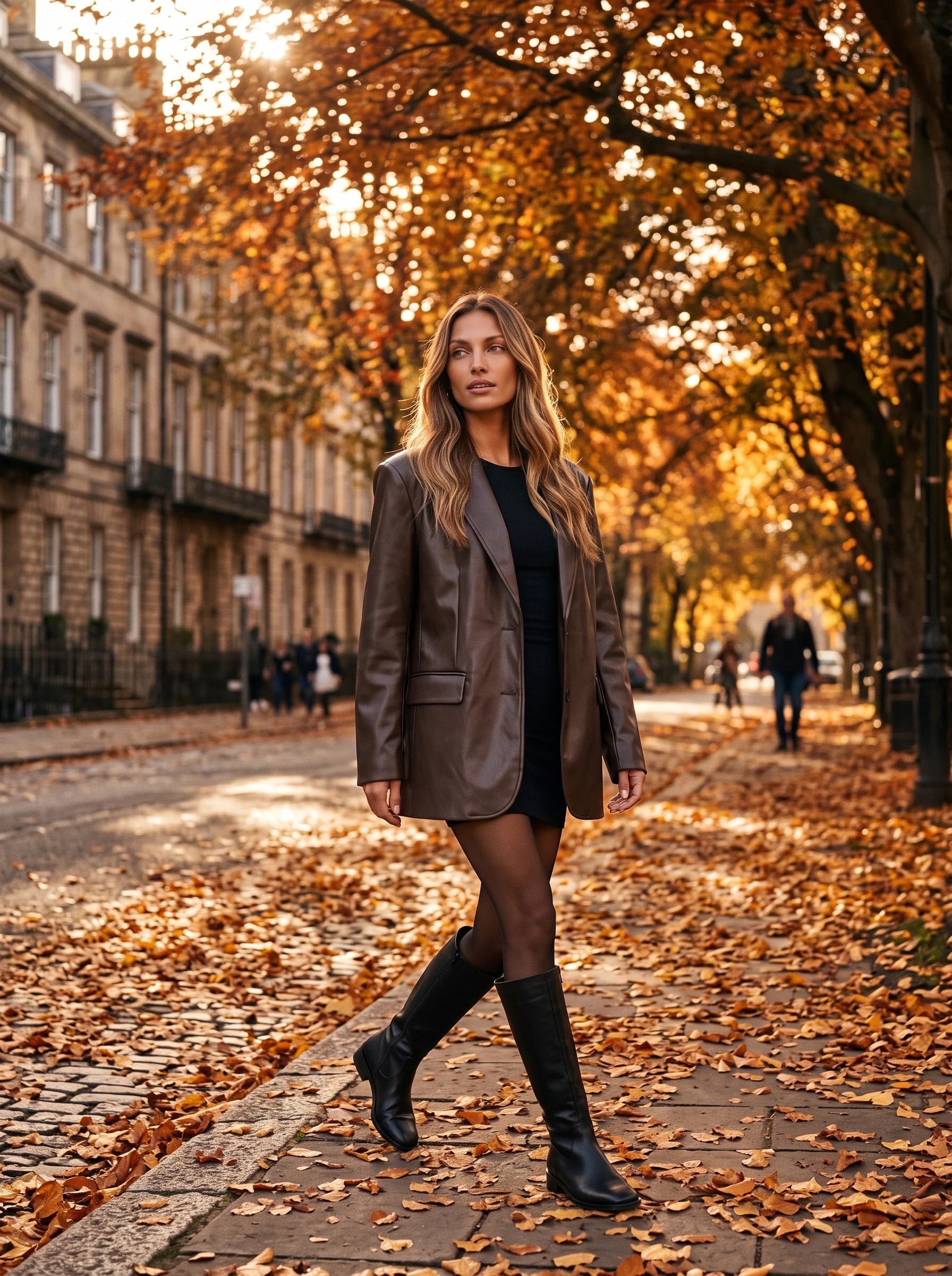 Blazer oversize effet cuir chocolat Aure, porté sur un boulevard en automne