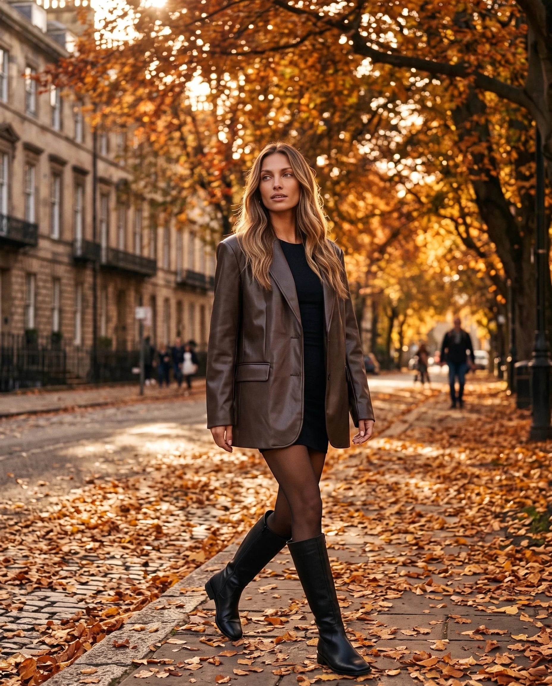 Blazer oversize effet cuir chocolat Aure, porté sur un boulevard en automne