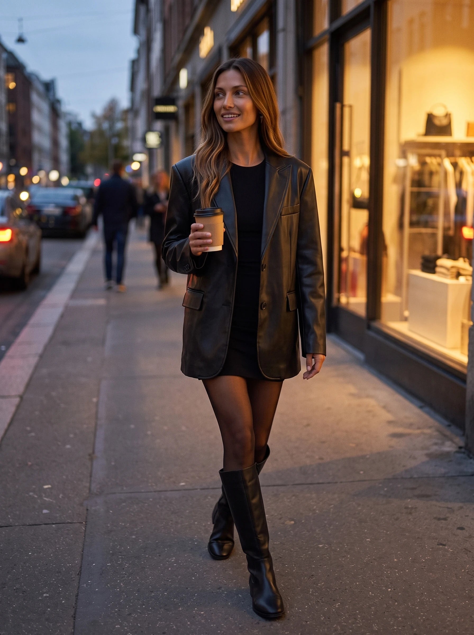 Blazer oversize effet cuir noir Aure, porté en ville au crépuscule