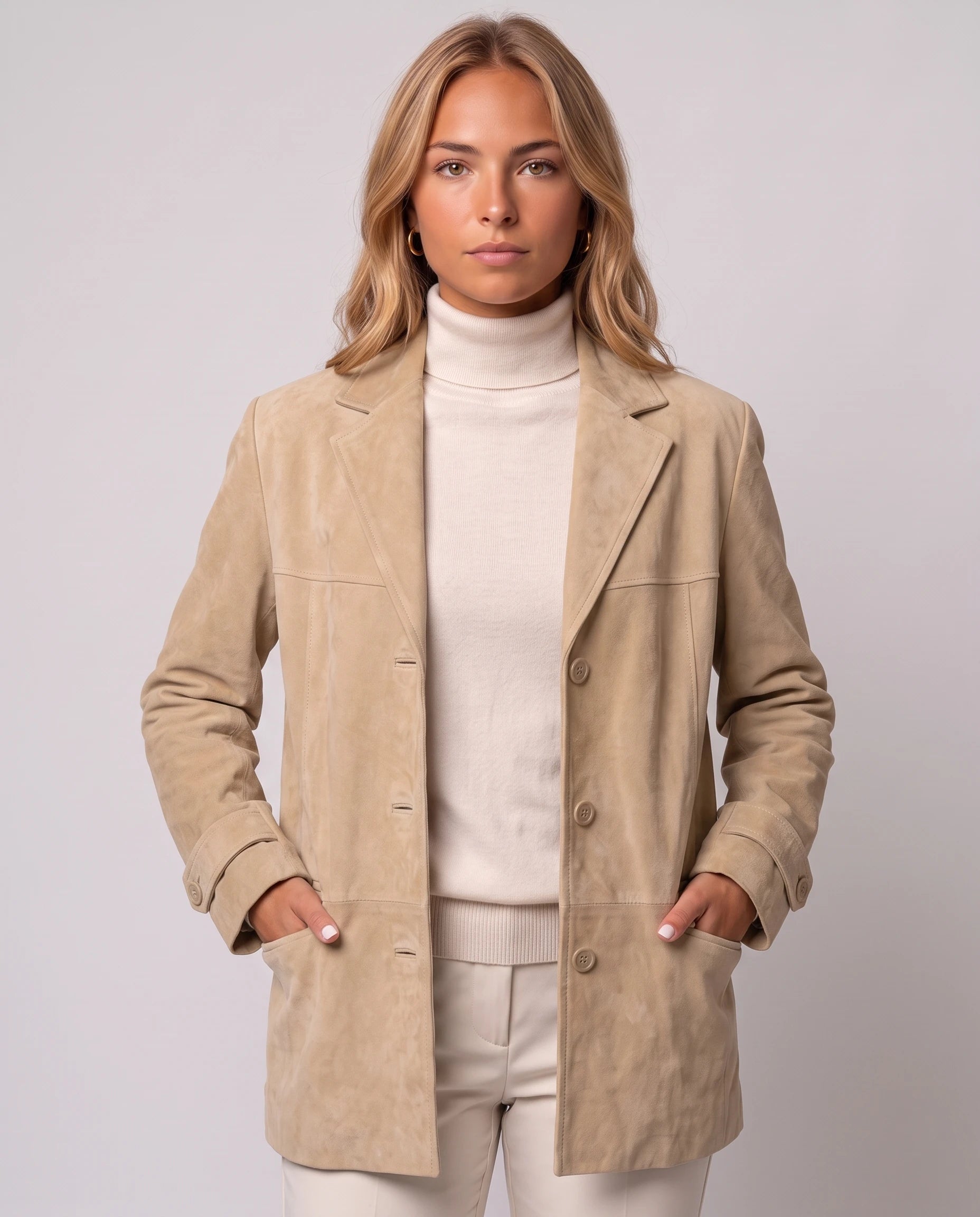Blazer oversize en suédine beige Prisca, plan rapproché en studio