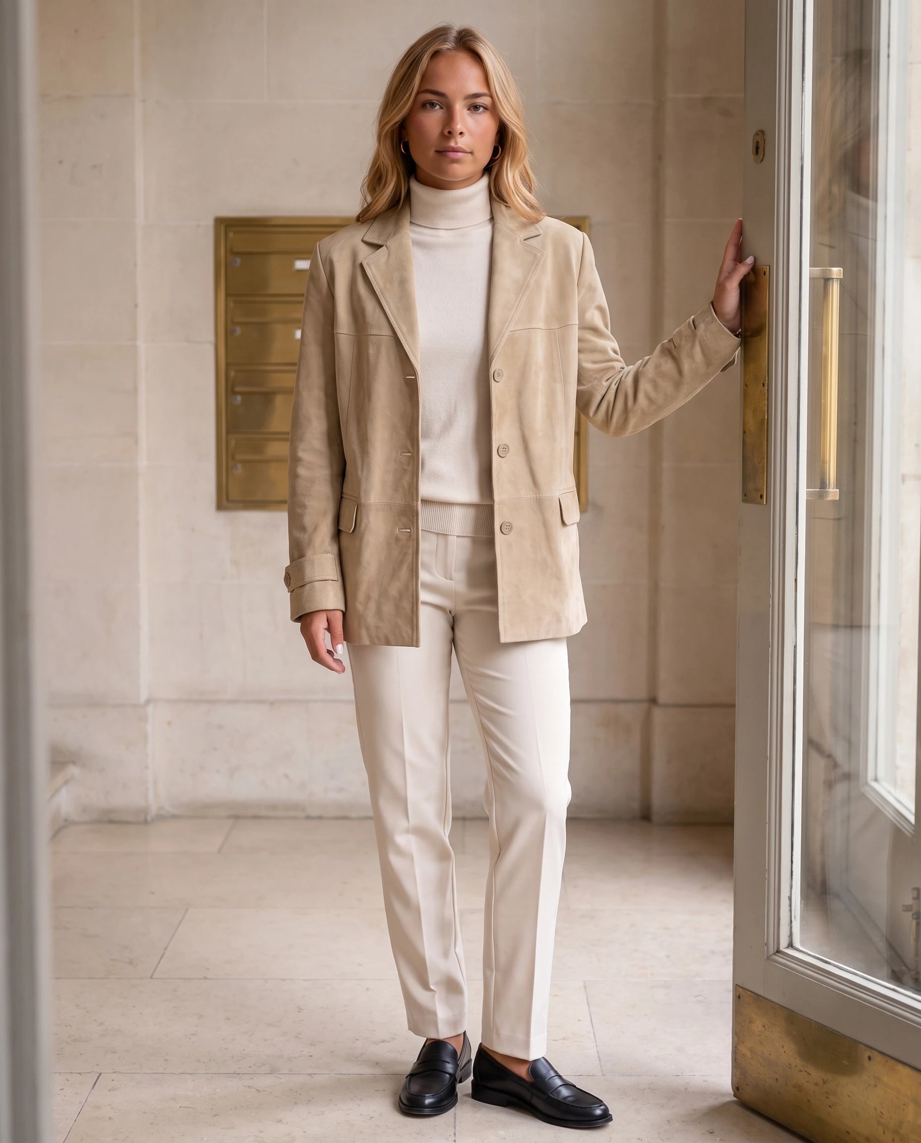 Blazer en suédine beige Prisca, porté dans un hall en pierre claire