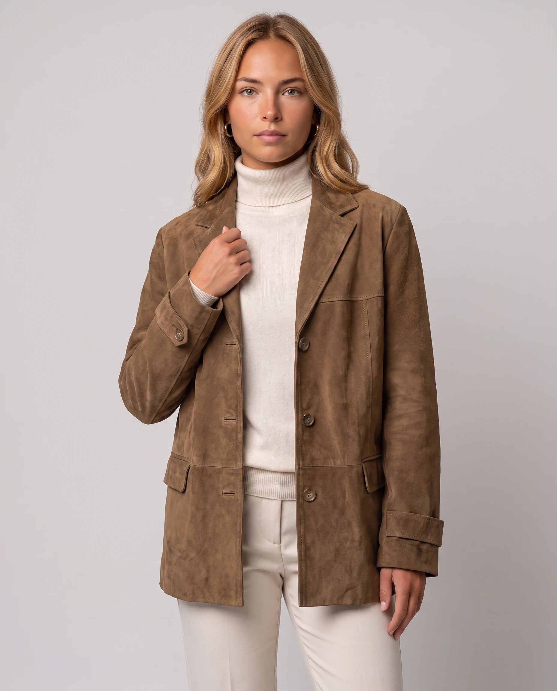Blazer oversize en suédine camel Prisca, plan rapproché en studio