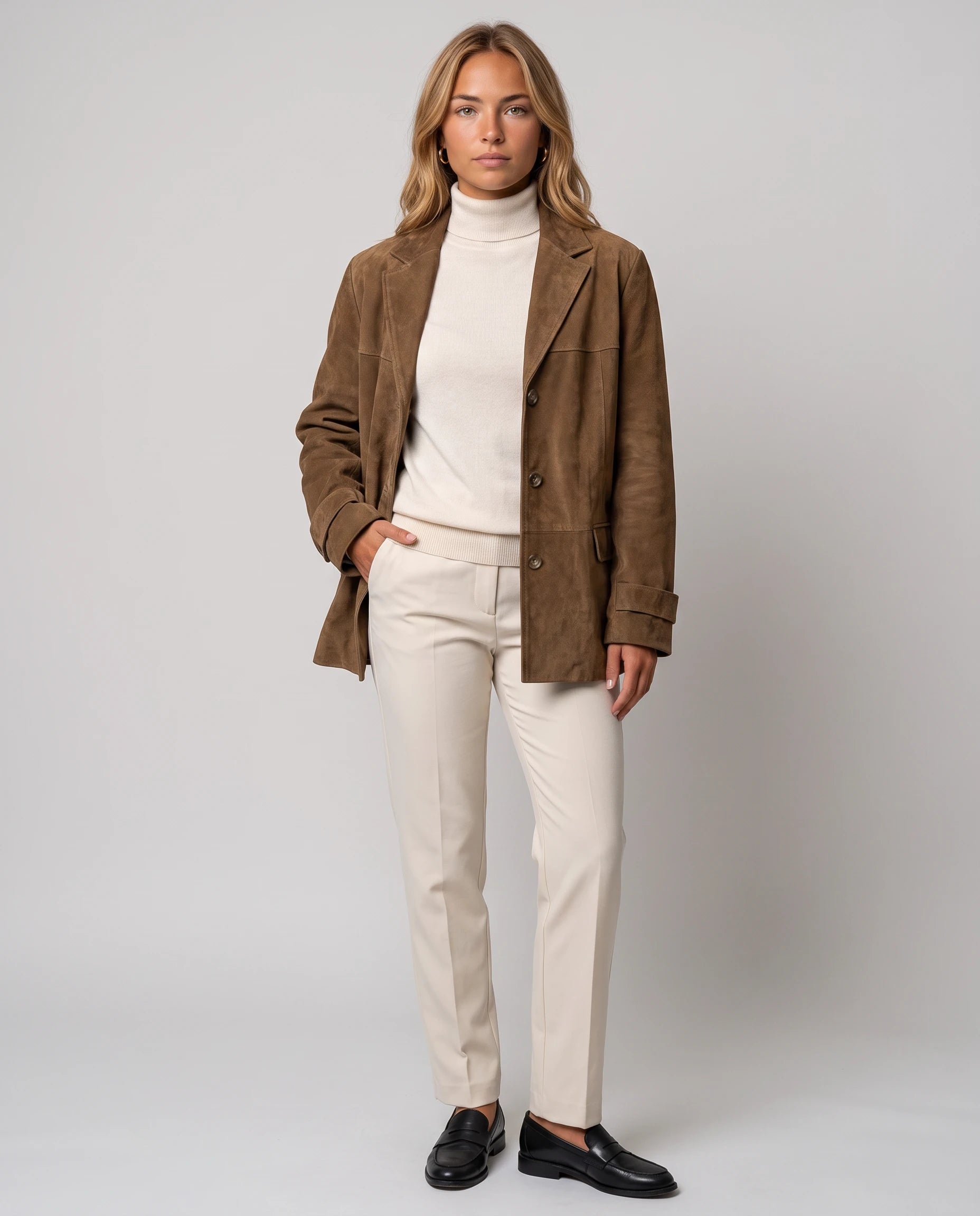 Blazer oversize en suédine camel Prisca, vue de face en studio