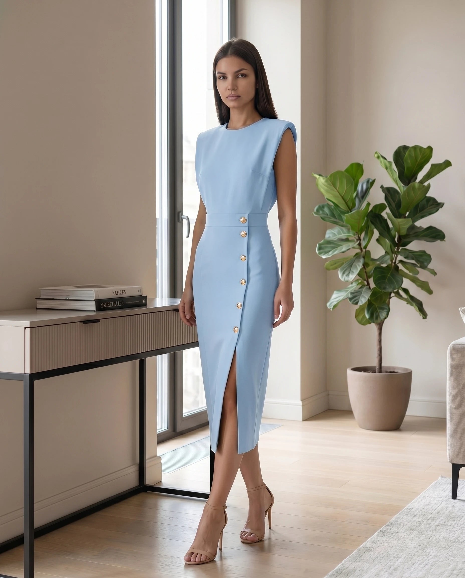 Robe midi moulante fendue Bleu Ciel Philippine