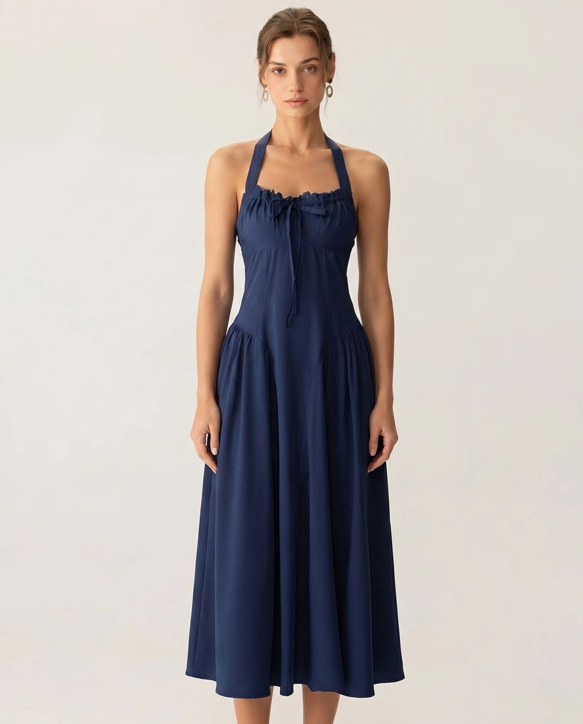 Robe midi halter bleu marine Joséphine — cover studio face
