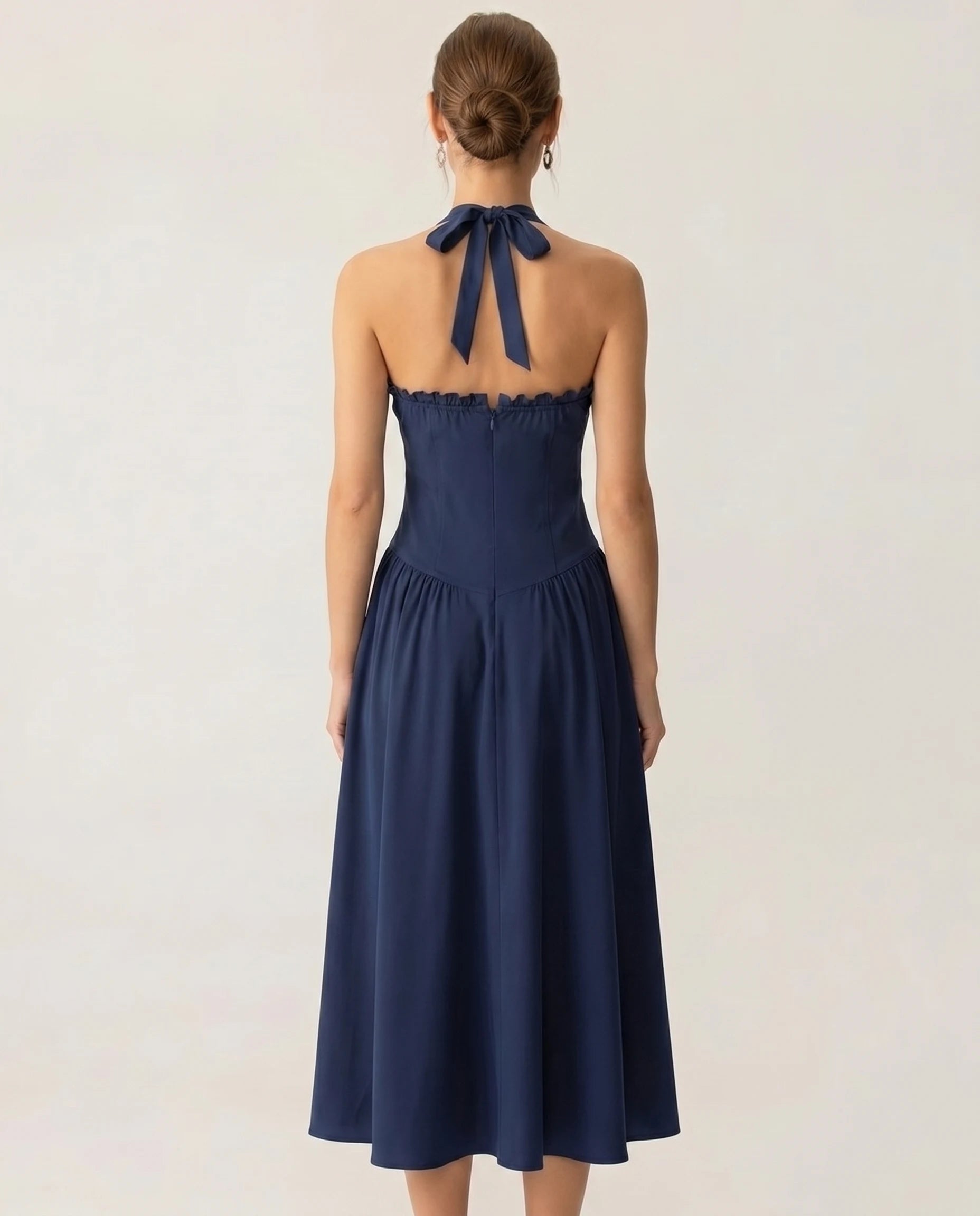Robe midi bleu marine Joséphine — dos halter à noeud